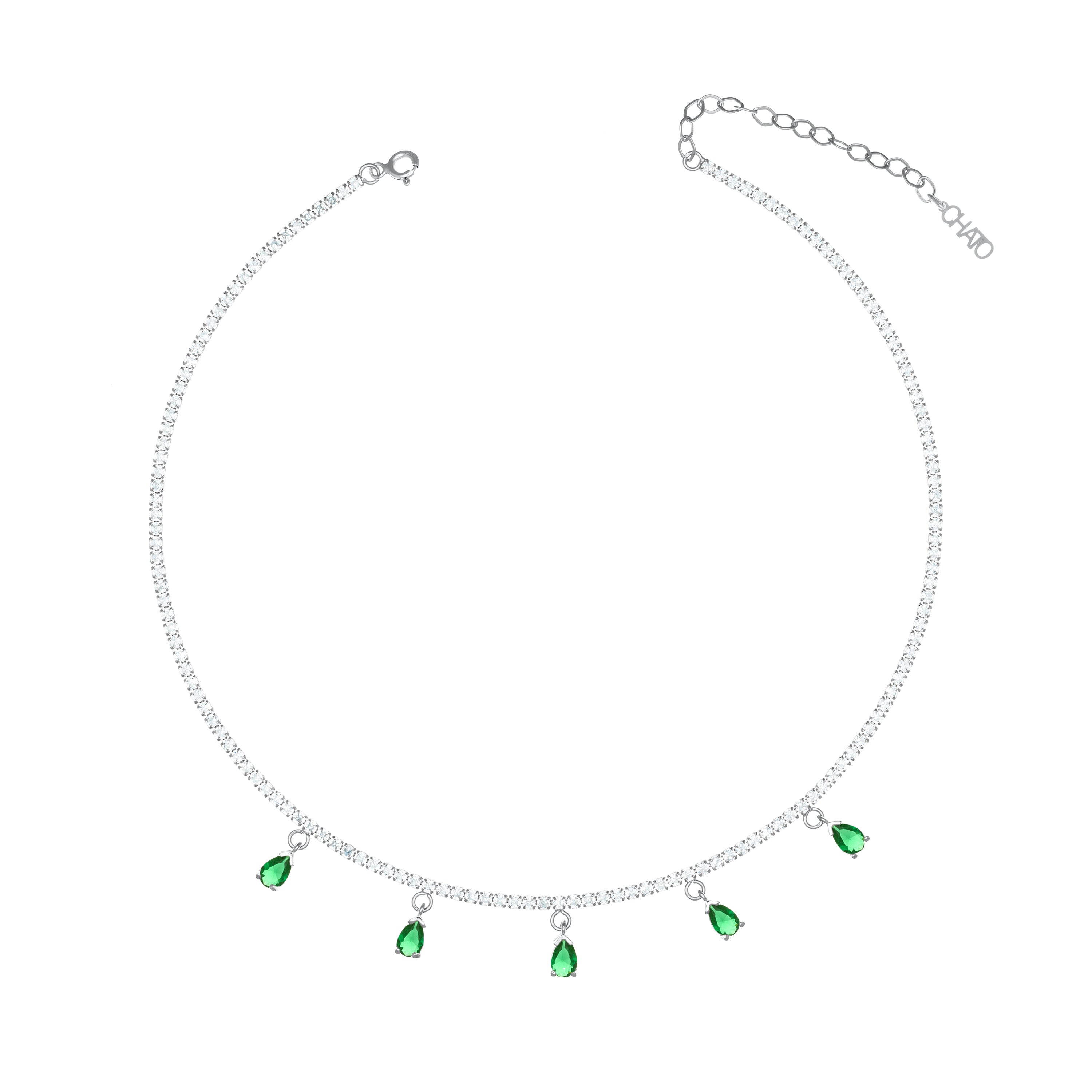 Dangling Multi Teardrop Tennis Choker - Silver Green And White