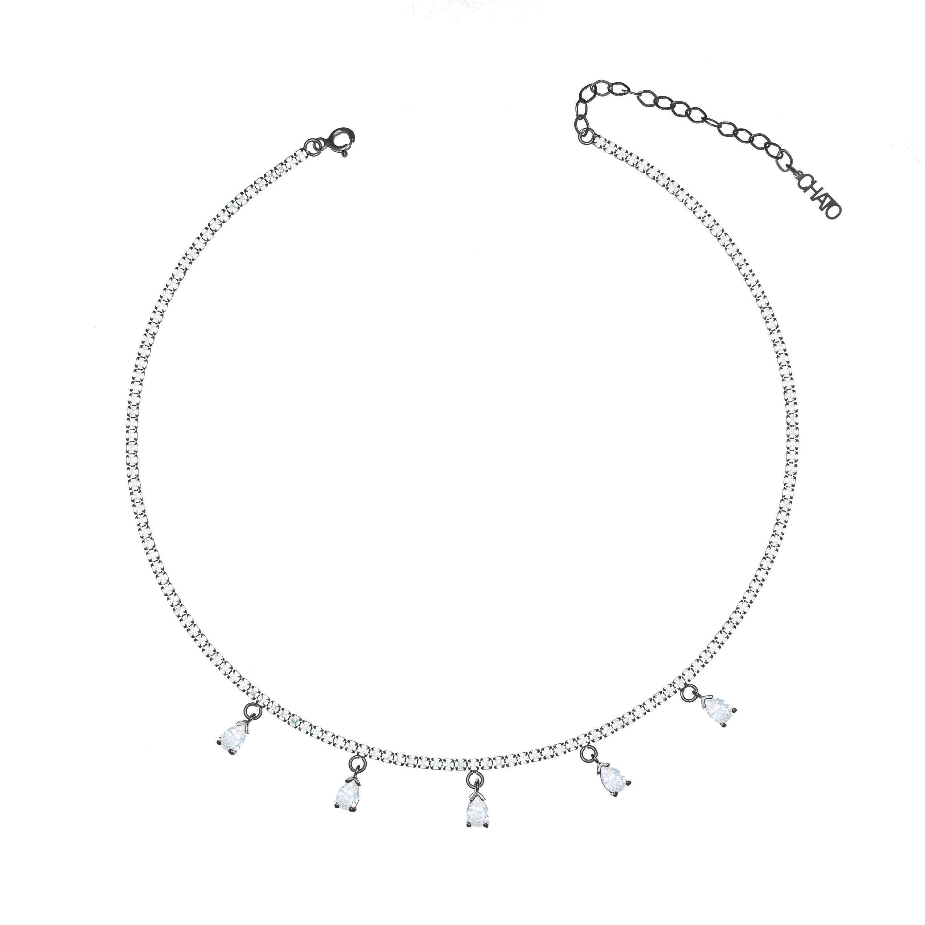Dangling Multi Teardrop Tennis Choker - Black Rhodium White