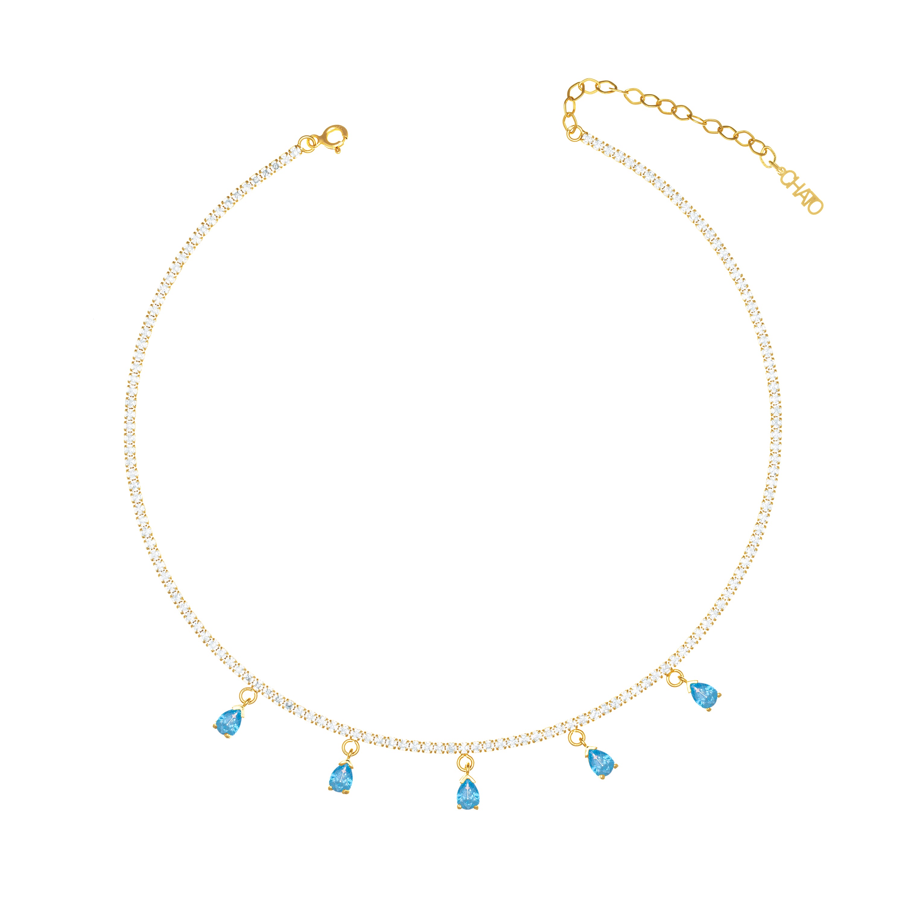 Dangling Multi Teardrop Tennis Choker - Gold Aquamarine And White