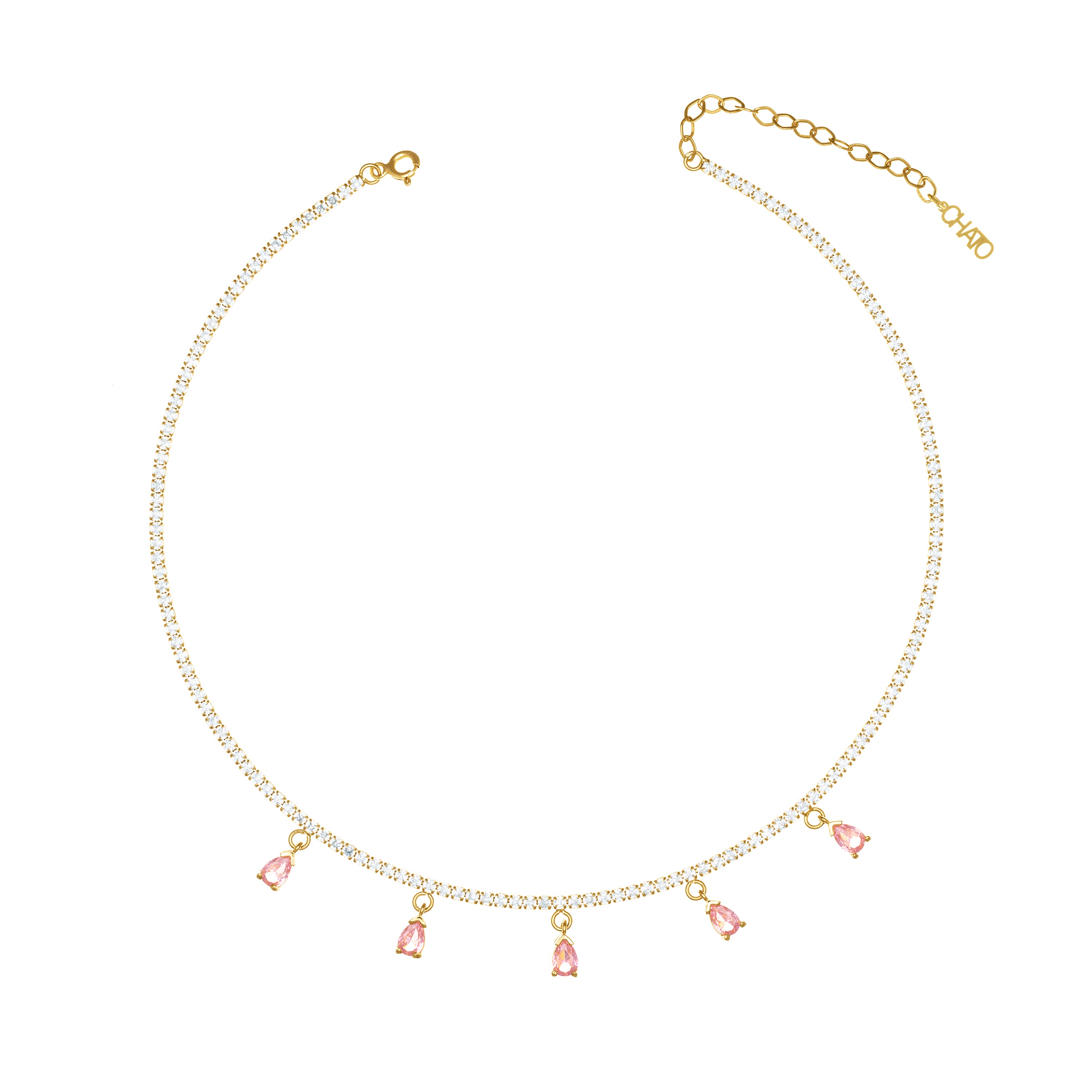 Dangling Multi Teardrop Tennis Choker - Gold Light Pink And White
