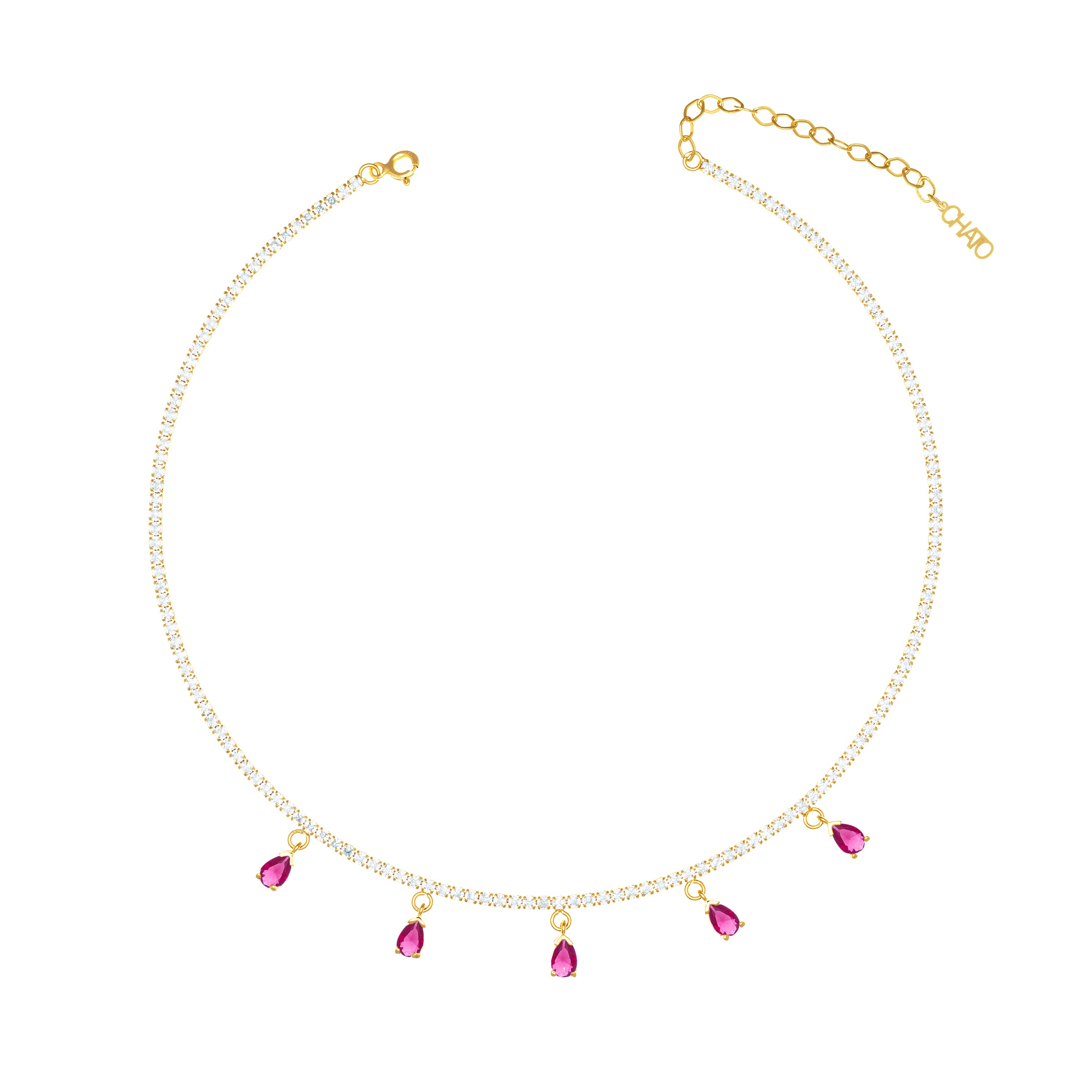 Dangling Multi Teardrop Tennis Choker - Gold Ruby Matt And White