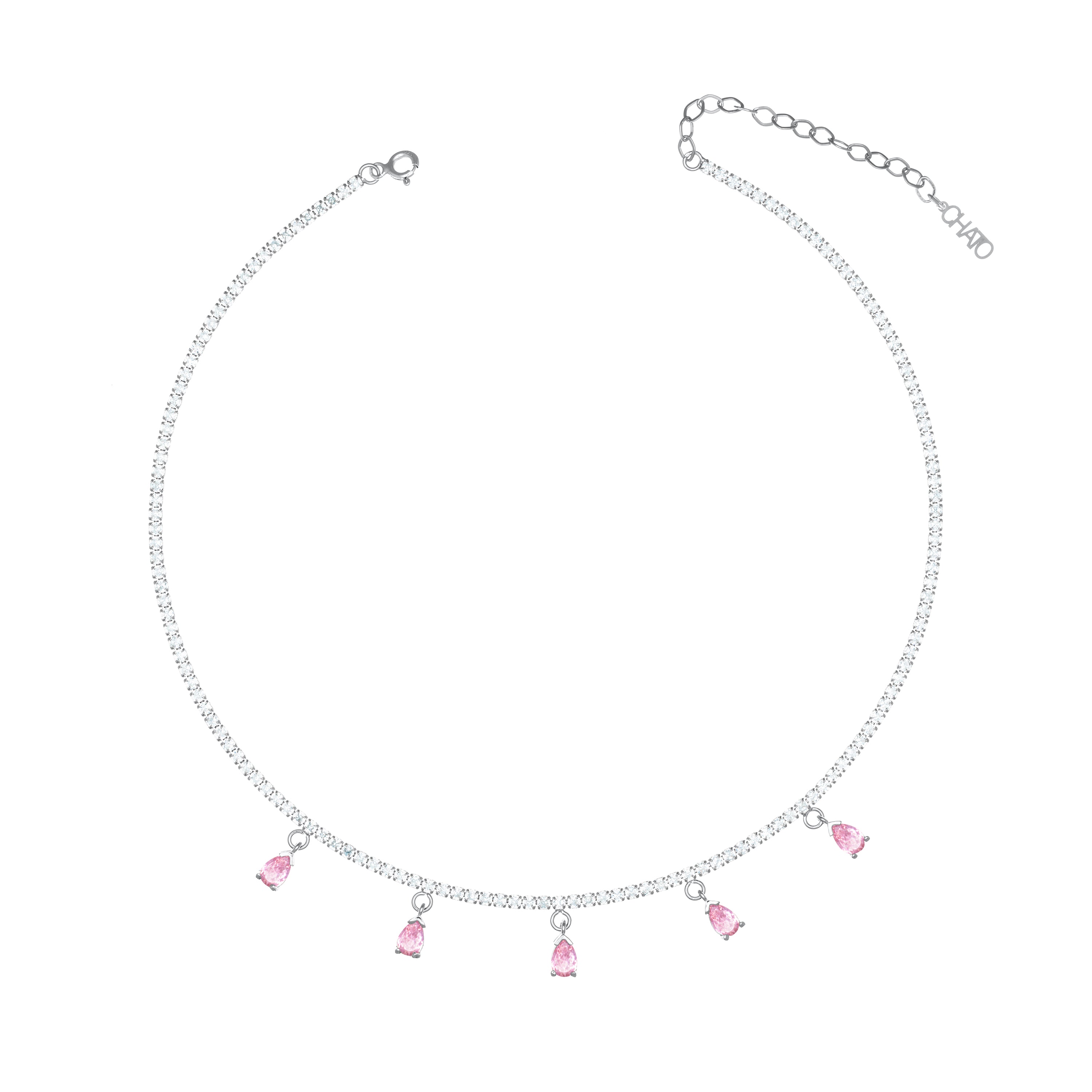Dangling Multi Teardrop Tennis Choker - Silver Light Pink And White