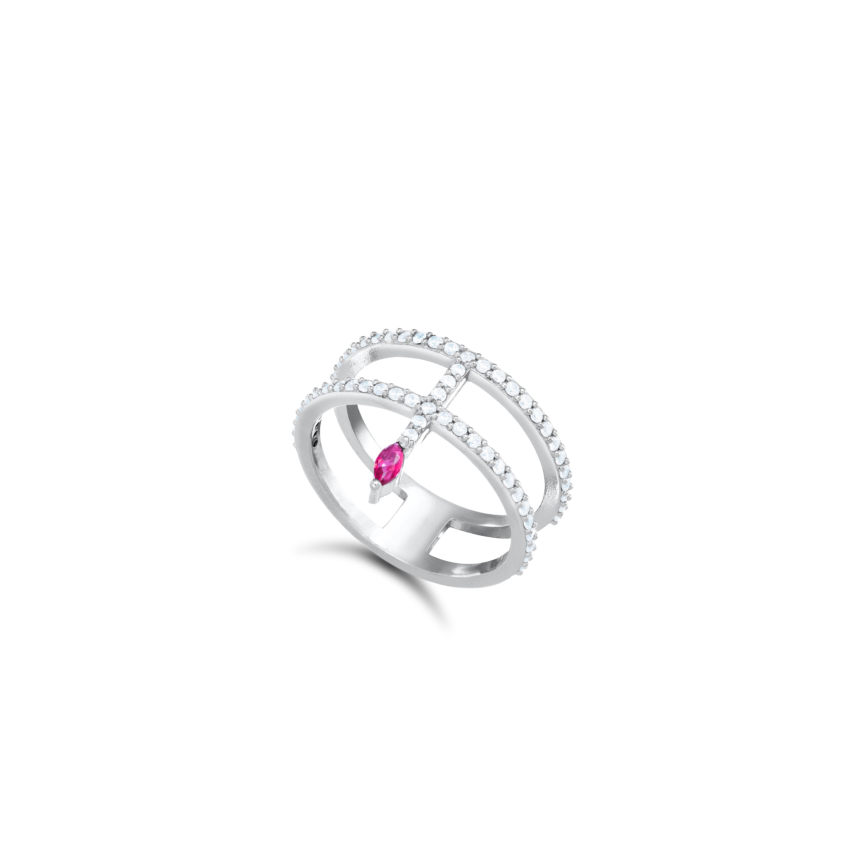 Double Line CZ With Thin Line Marquise Ring - Silver Fuchsia And White