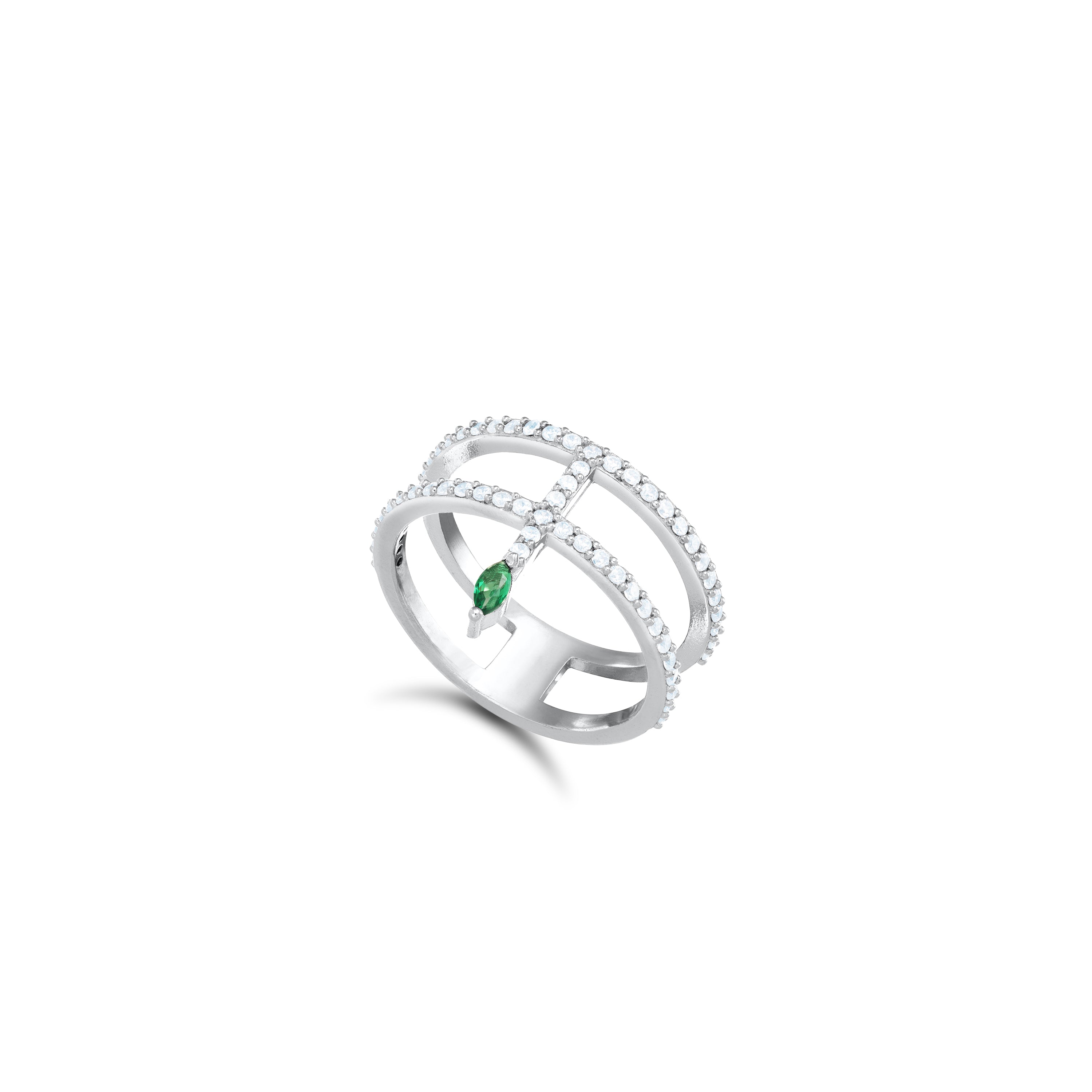 Double Line CZ With Thin Line Marquise Ring - Silver Green And White