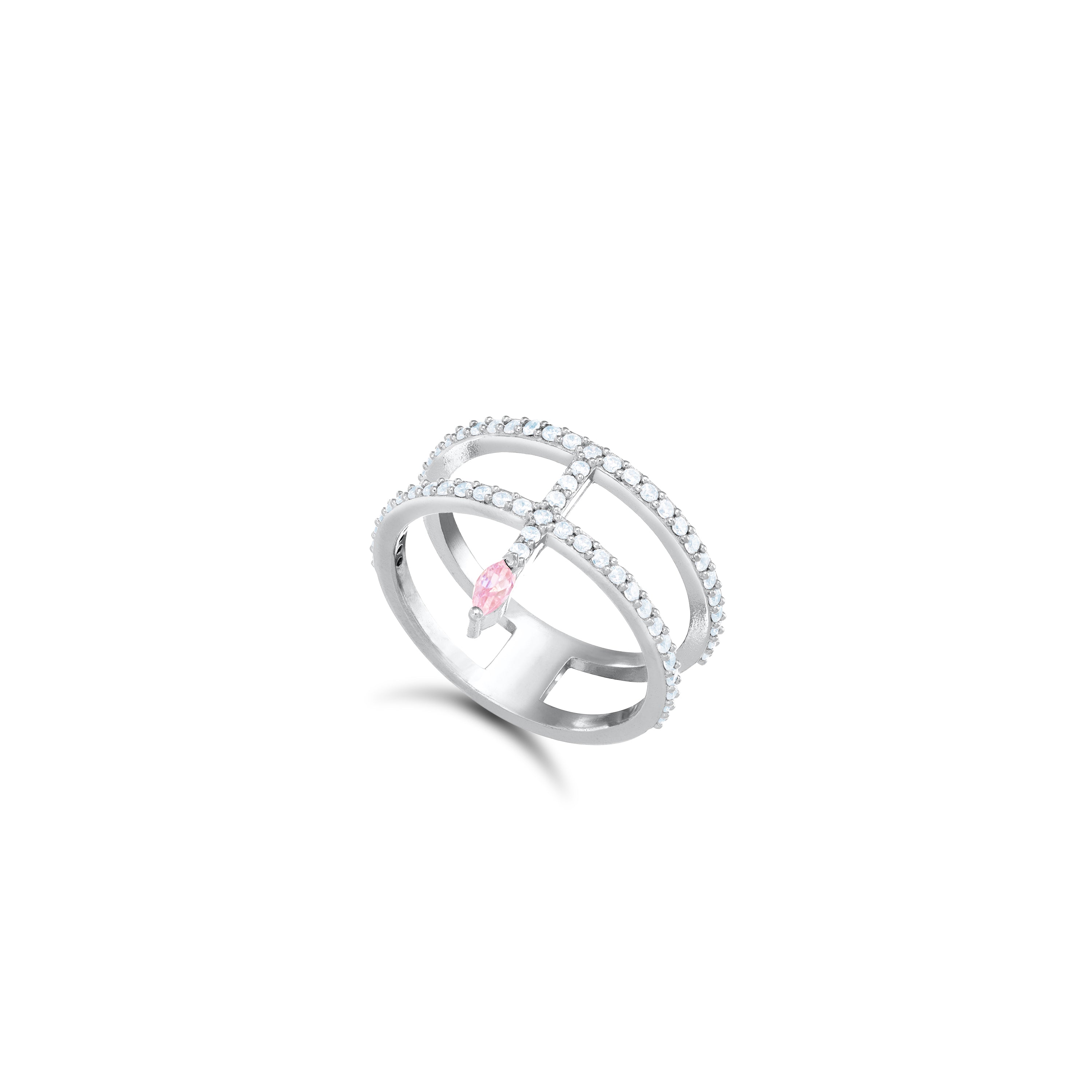 Double Line CZ With Thin Line Marquise Ring - Silver Light Pink And White