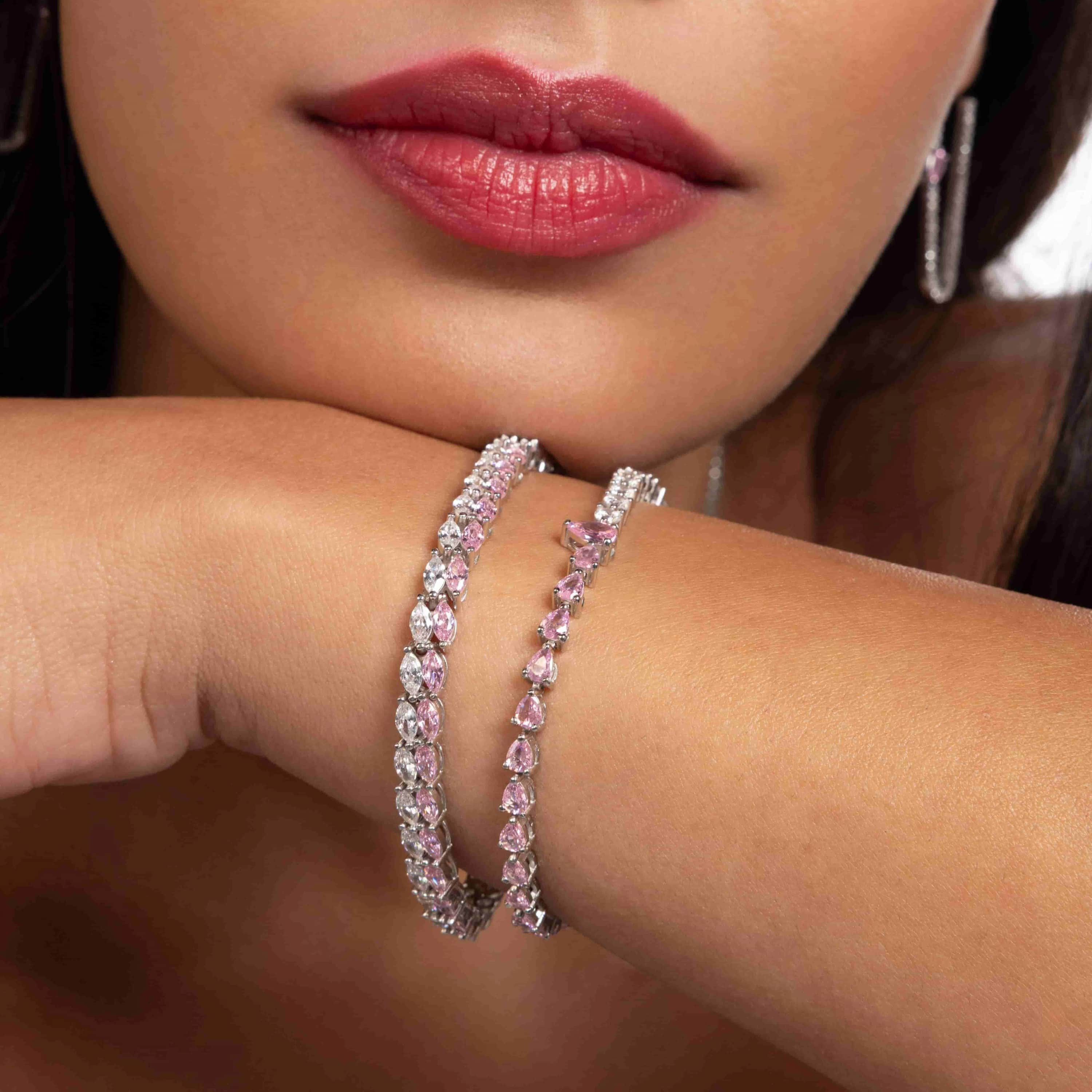 One Teardrop Half Cz Half Teardrop Eternity Bracelet - Silver Light Pink And White