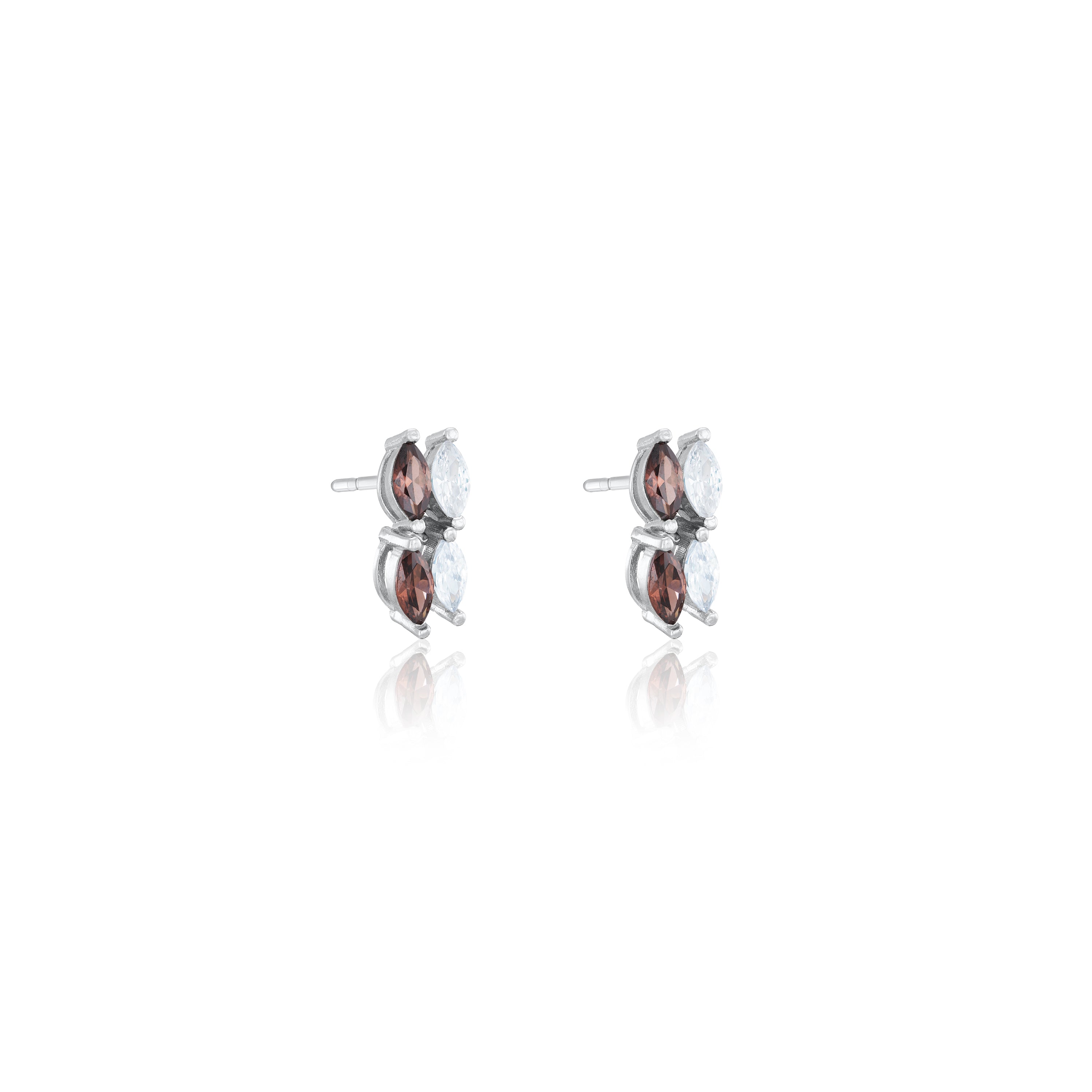 Double Marquise Line Stud Earrings - Silver Brown And White