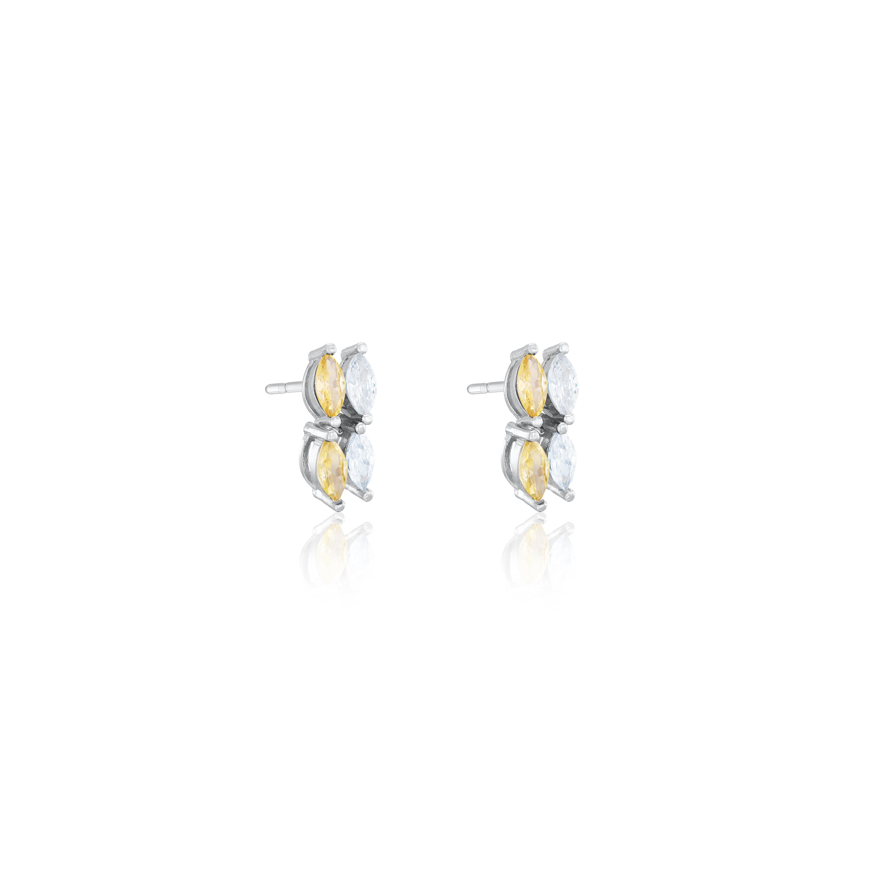 Double Marquise Line Stud Earrings - Silver Citrine And White
