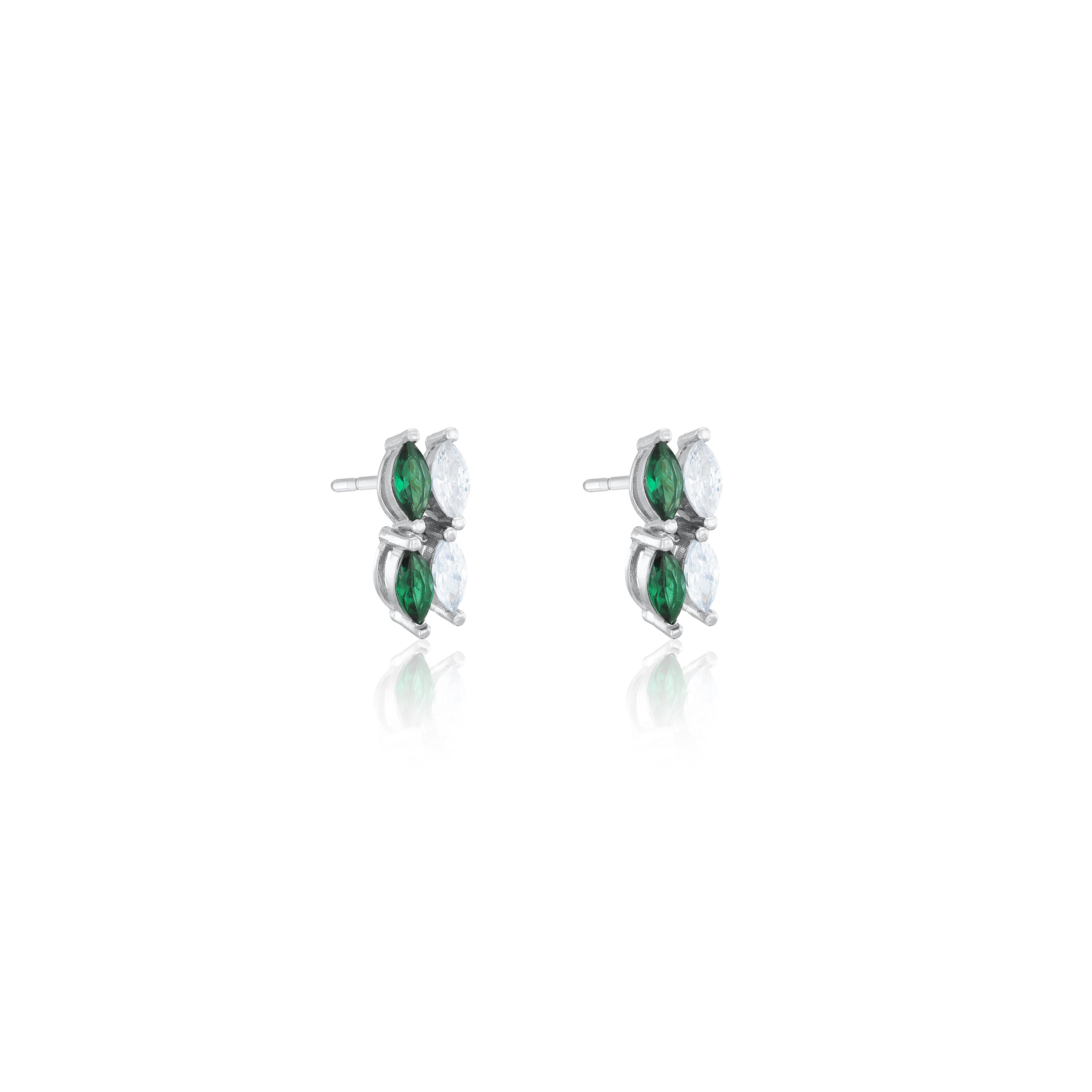 Double Marquise Line Stud Earrings - Silver Green And White