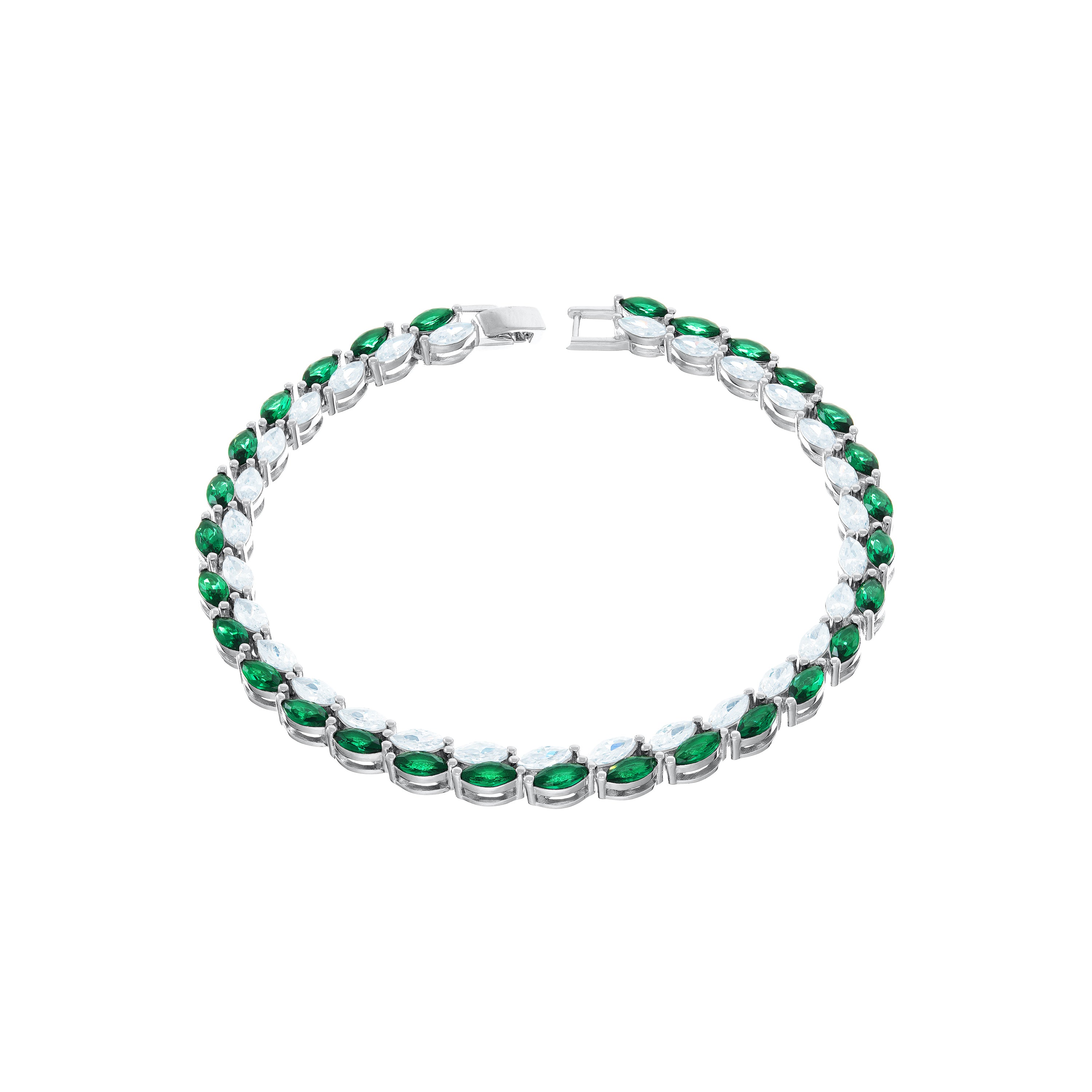 Double Marquise Line Tennis Bracelet - Silver Green And White