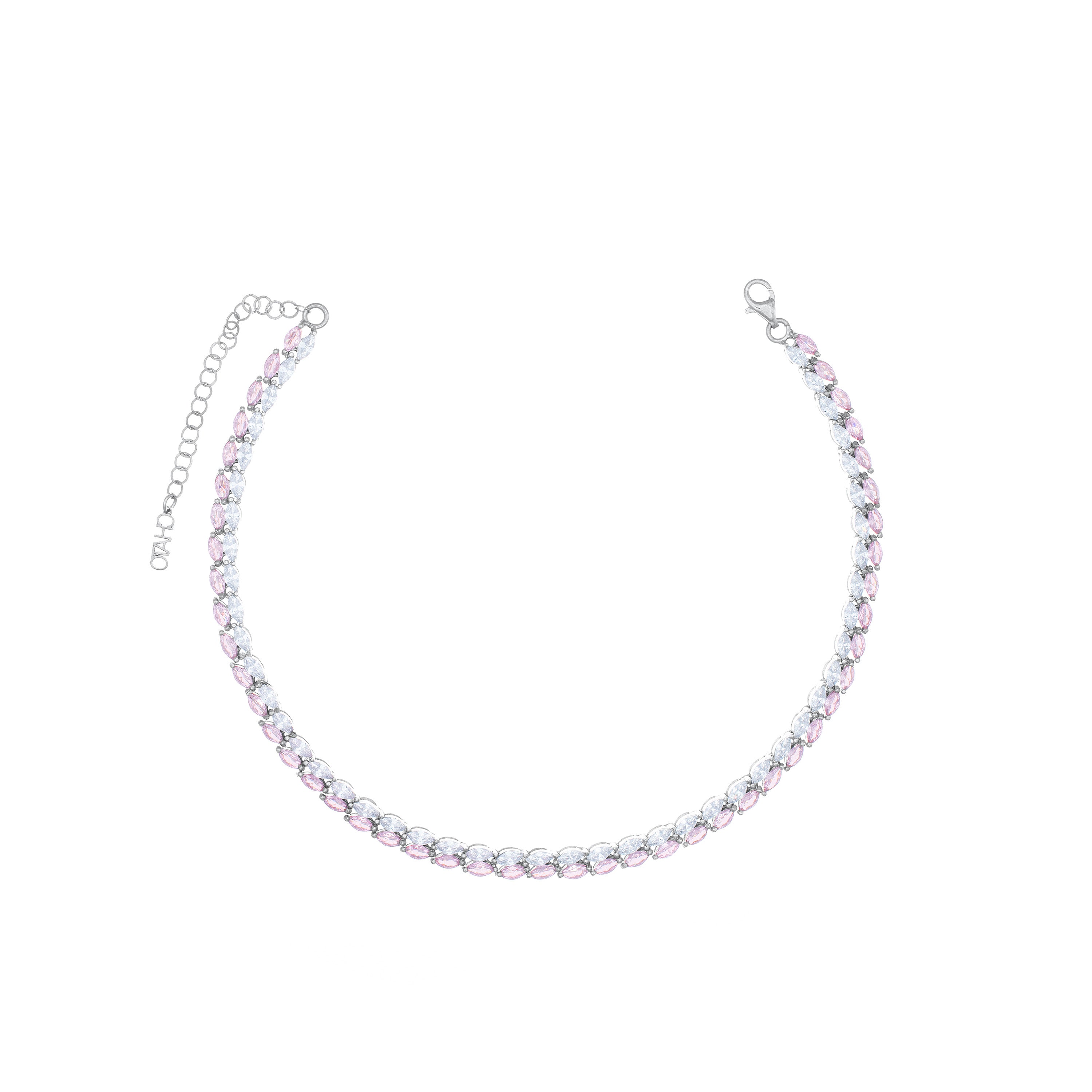Double Marquise Line Tennis Choker - Silver Light Pink