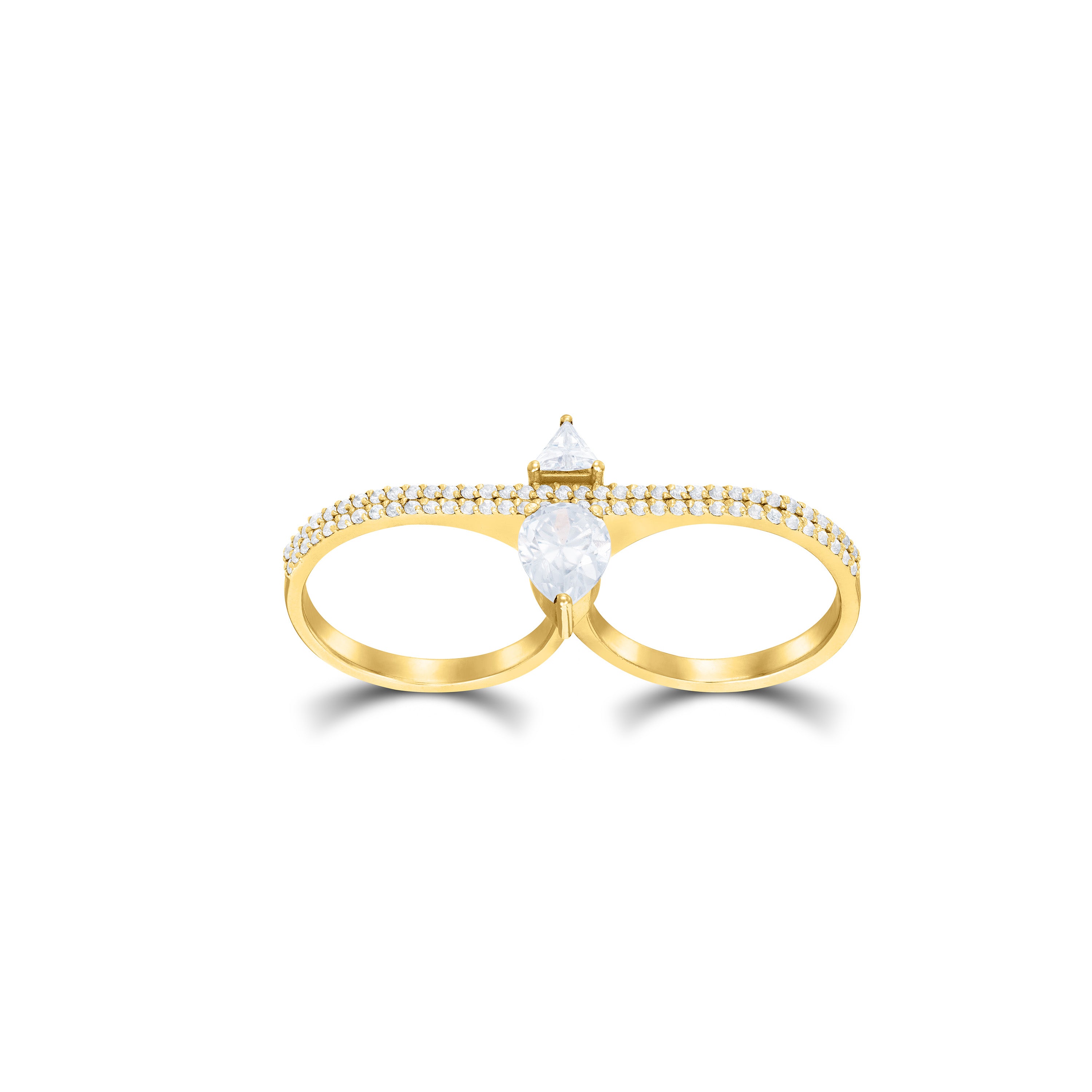 Dual-Finger Asymmetrical Teardrop and Triangle Cubic Zirconia Ring - Gold White
