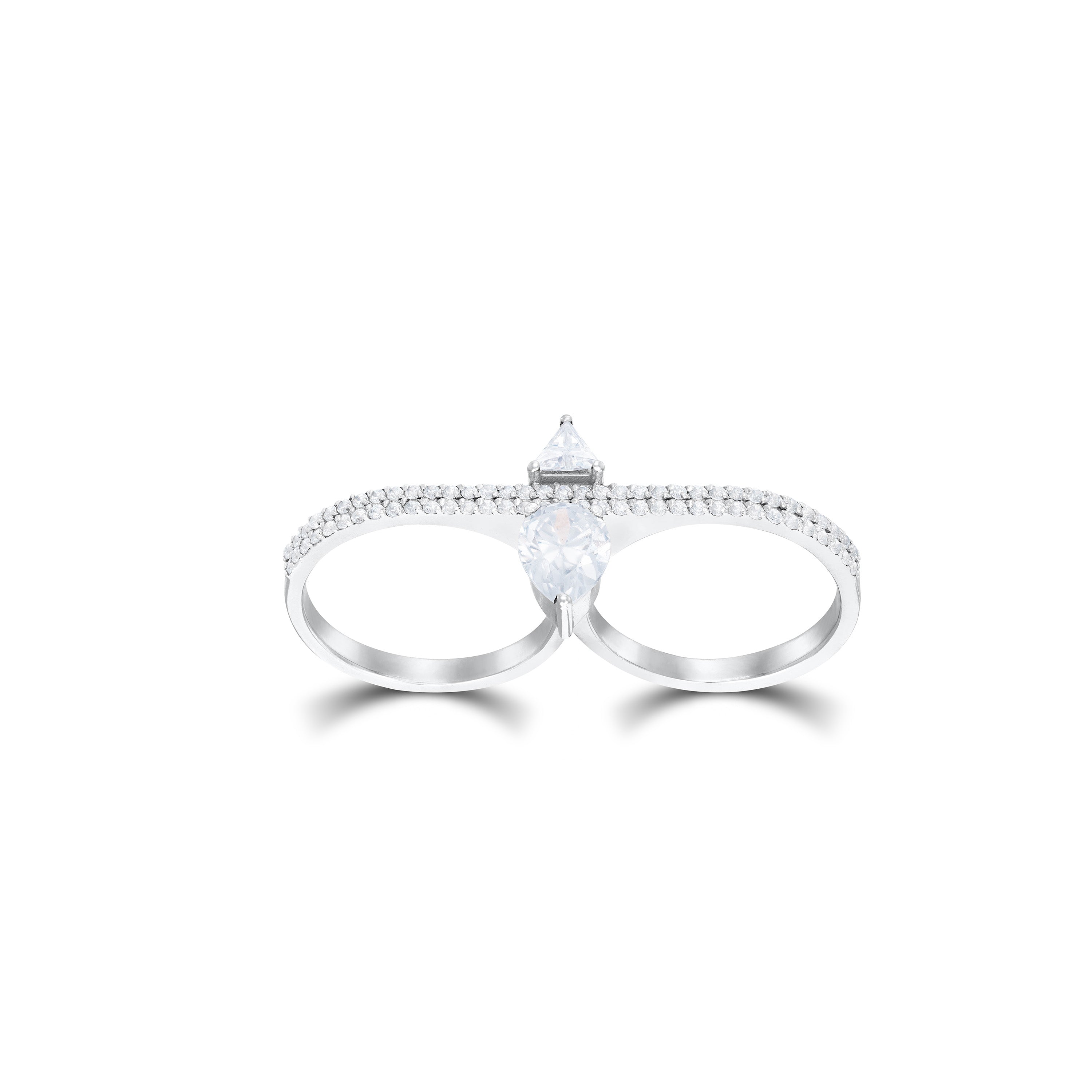 Dual-Finger Asymmetrical Teardrop and Triangle Cubic Zirconia Ring - Silver White