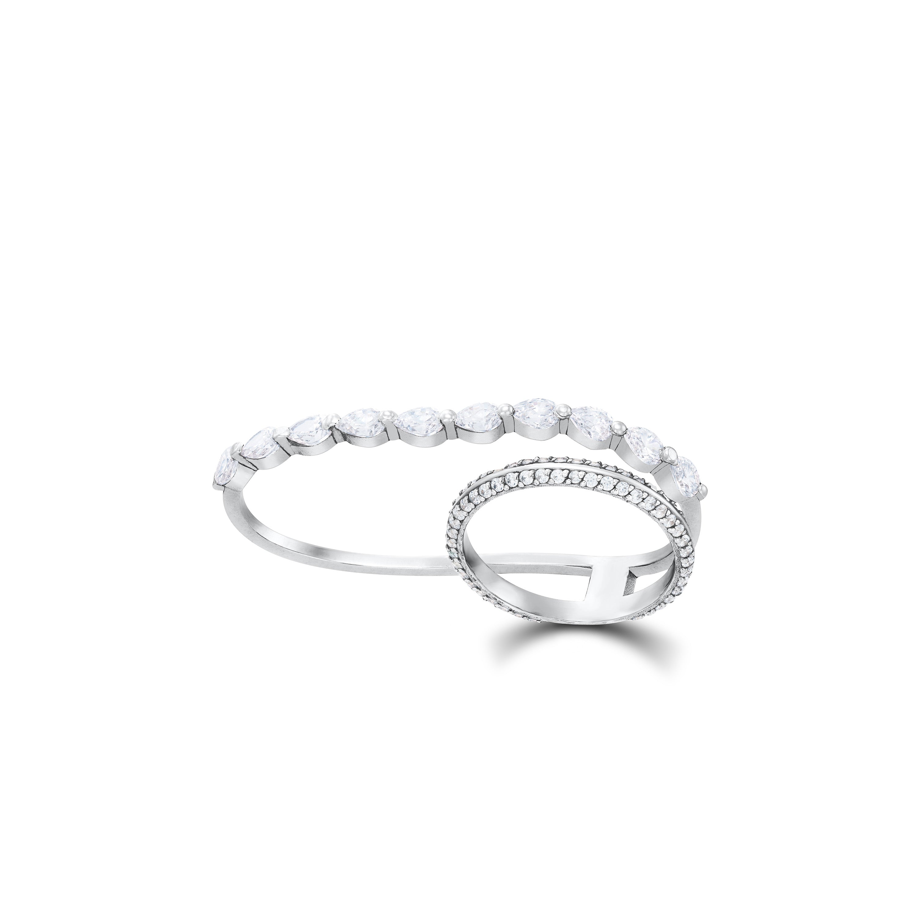 Dual-Finger Teardrop CZ Line Band Ring - Silver White