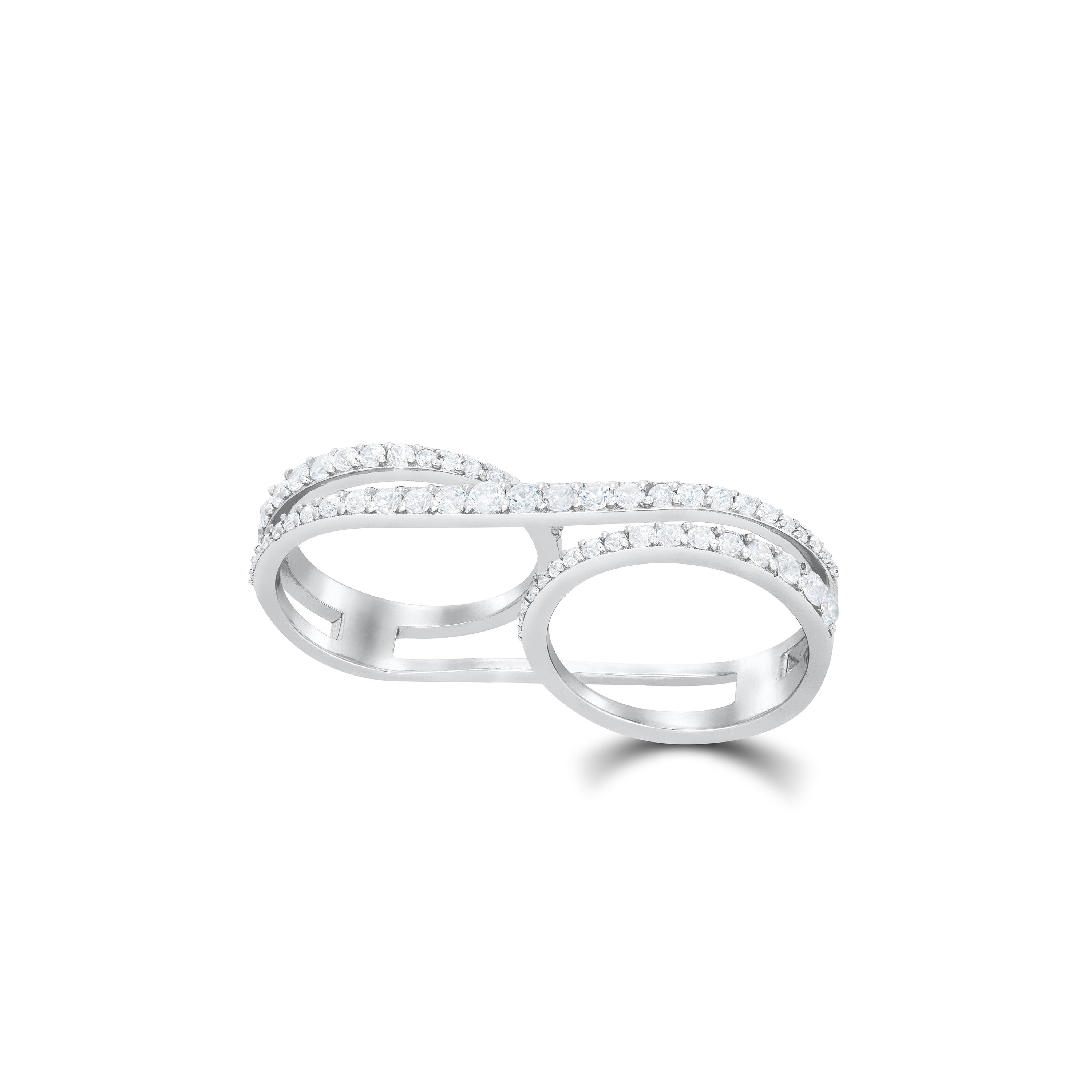 Dual-Finger Layered Pave CZ Wrap Ring - Silver White