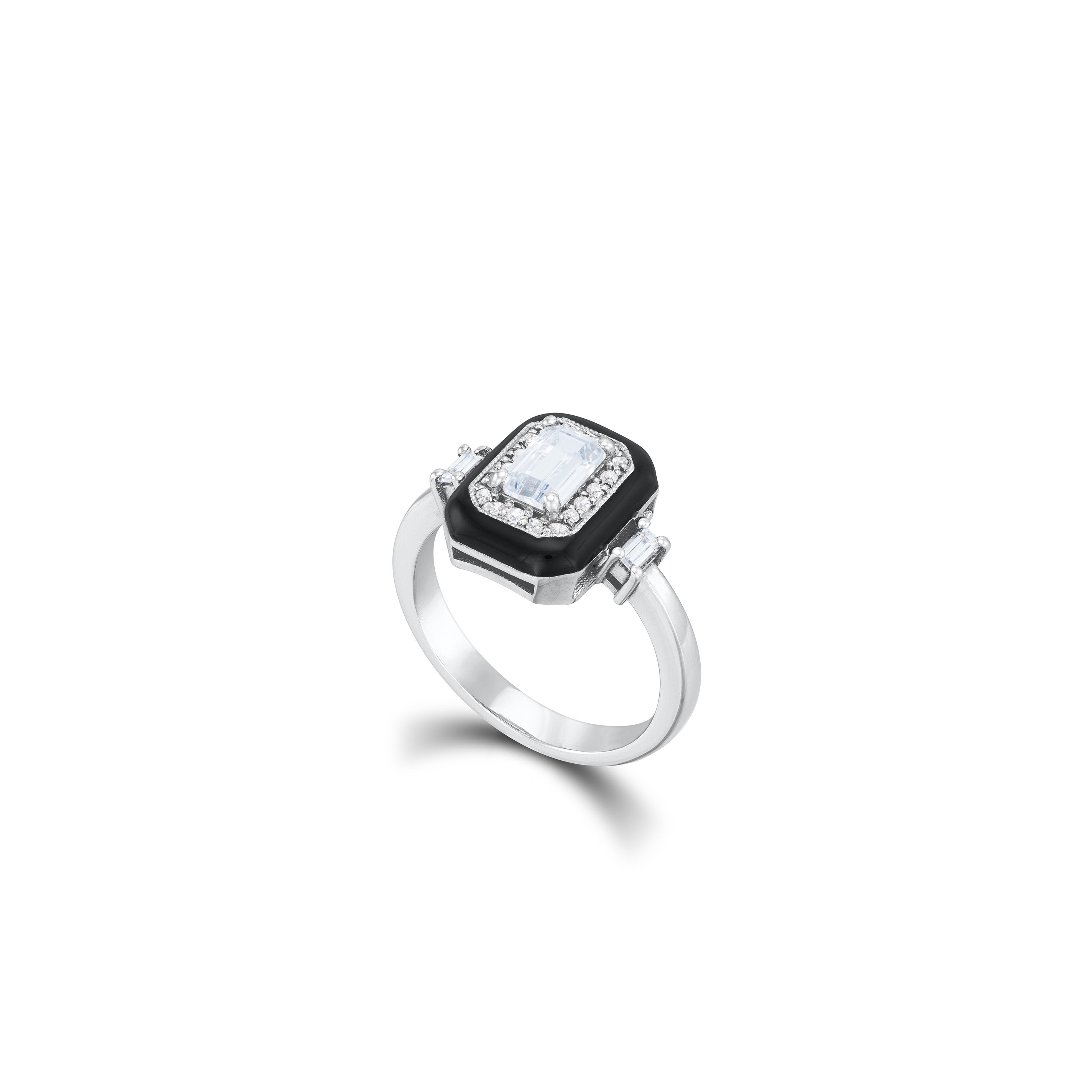 Emerald Cut CZ Halo with Enamel Frame Ring