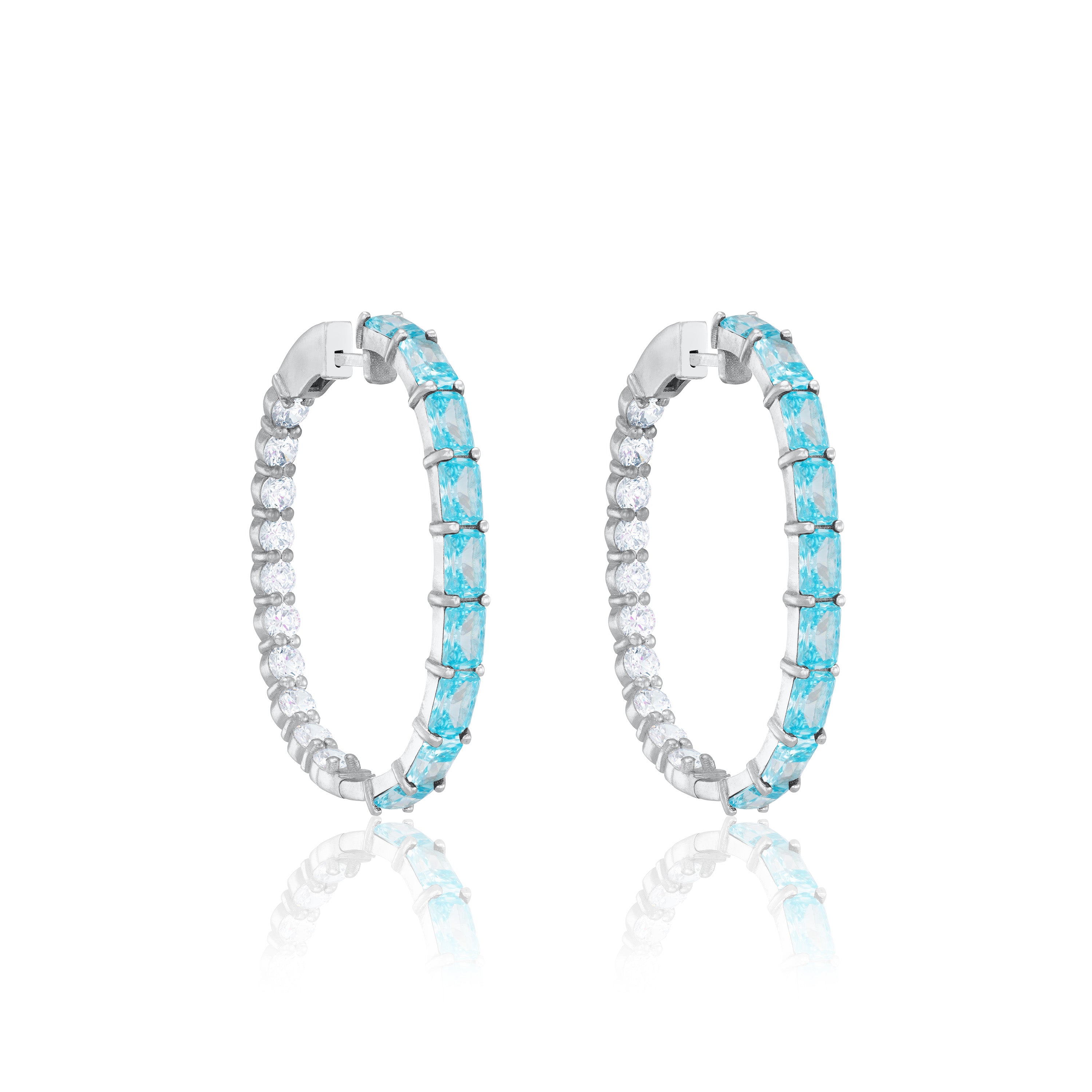 Emerald Cut And Round CZ Inside Out Hoop Earrings - Silver Aquamarine And White