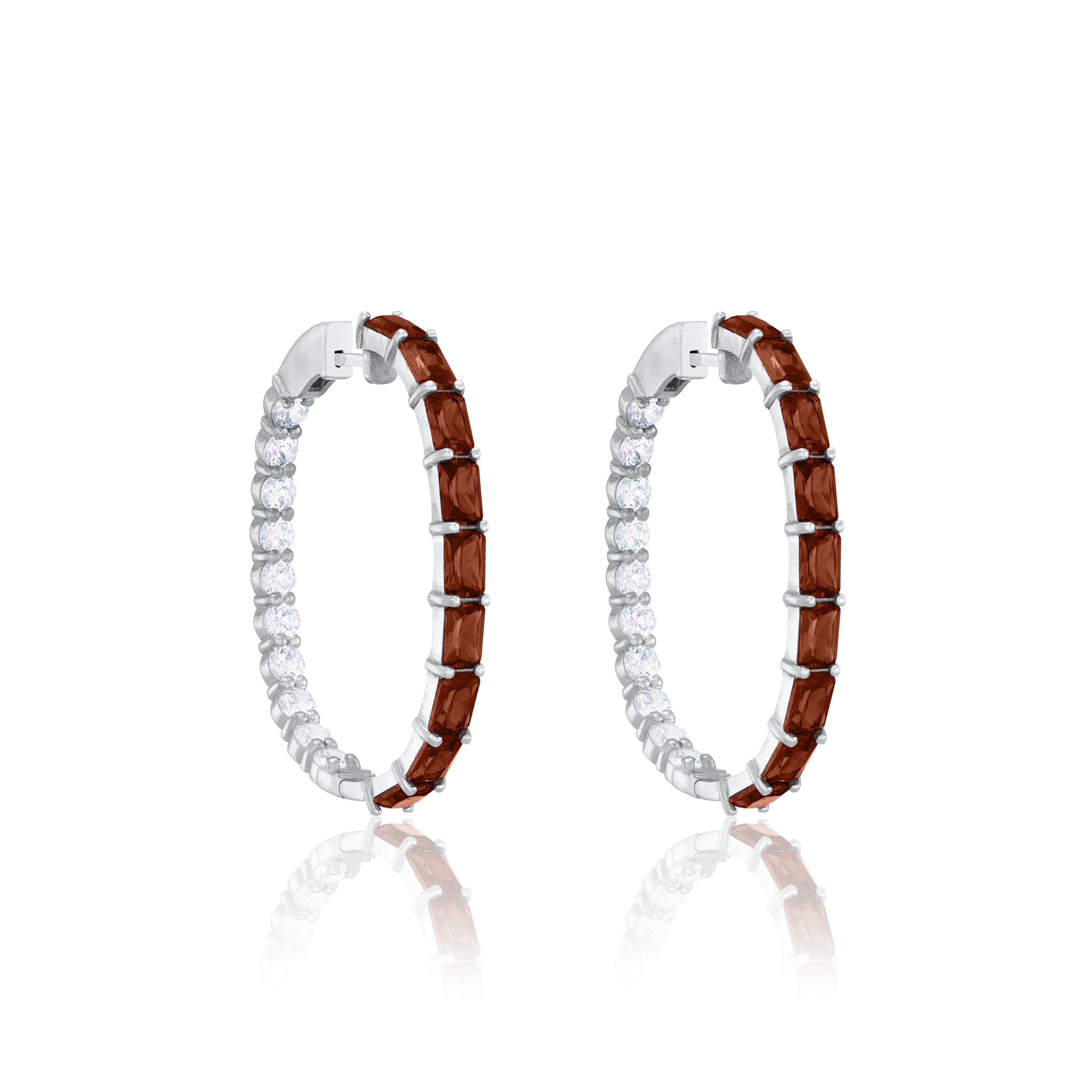 Emerald Cut And Round CZ Inside Out Hoop Earrings - Silver Brown And White