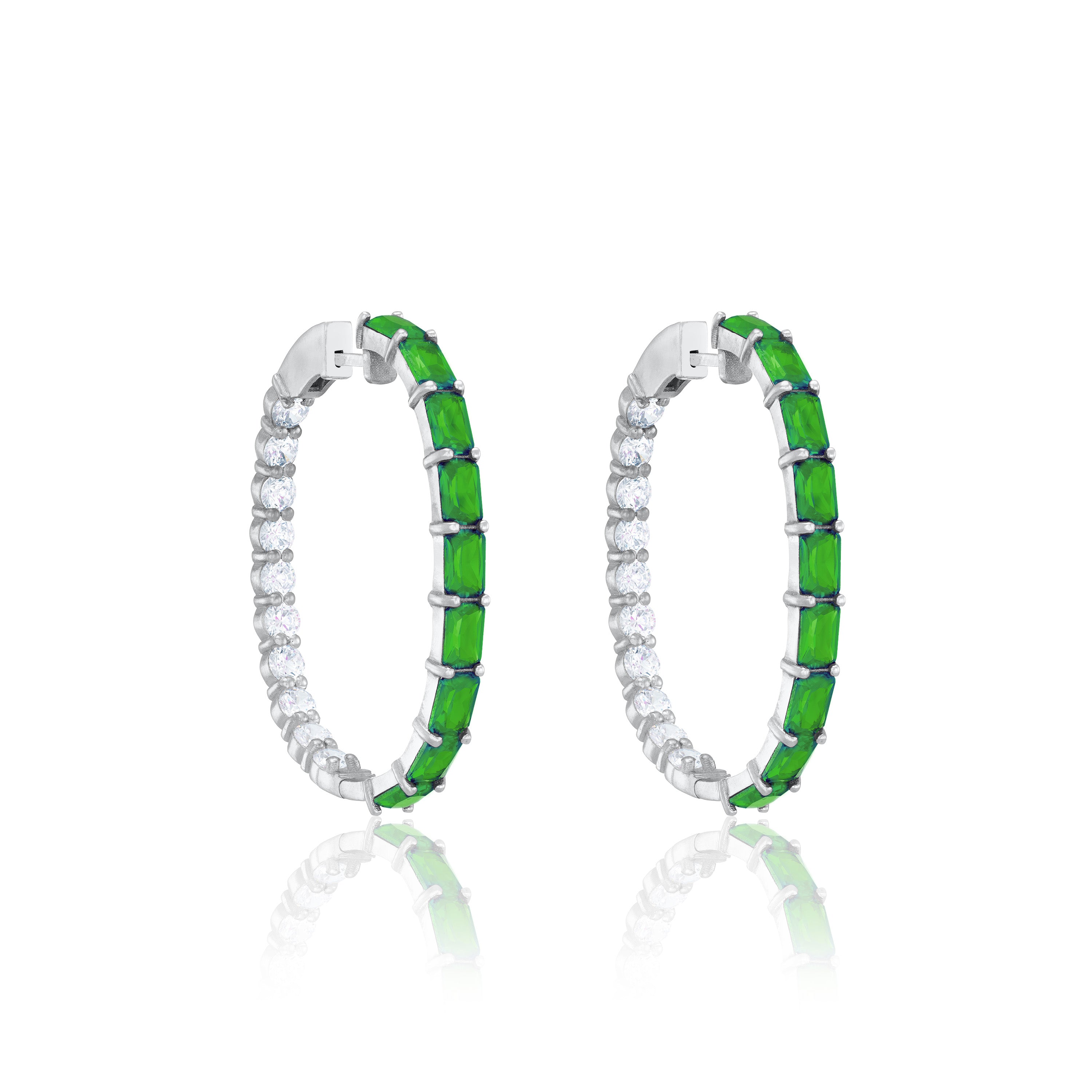 Emerald Cut And Round CZ Inside Out Hoop Earrings - Silver Green Matt And White