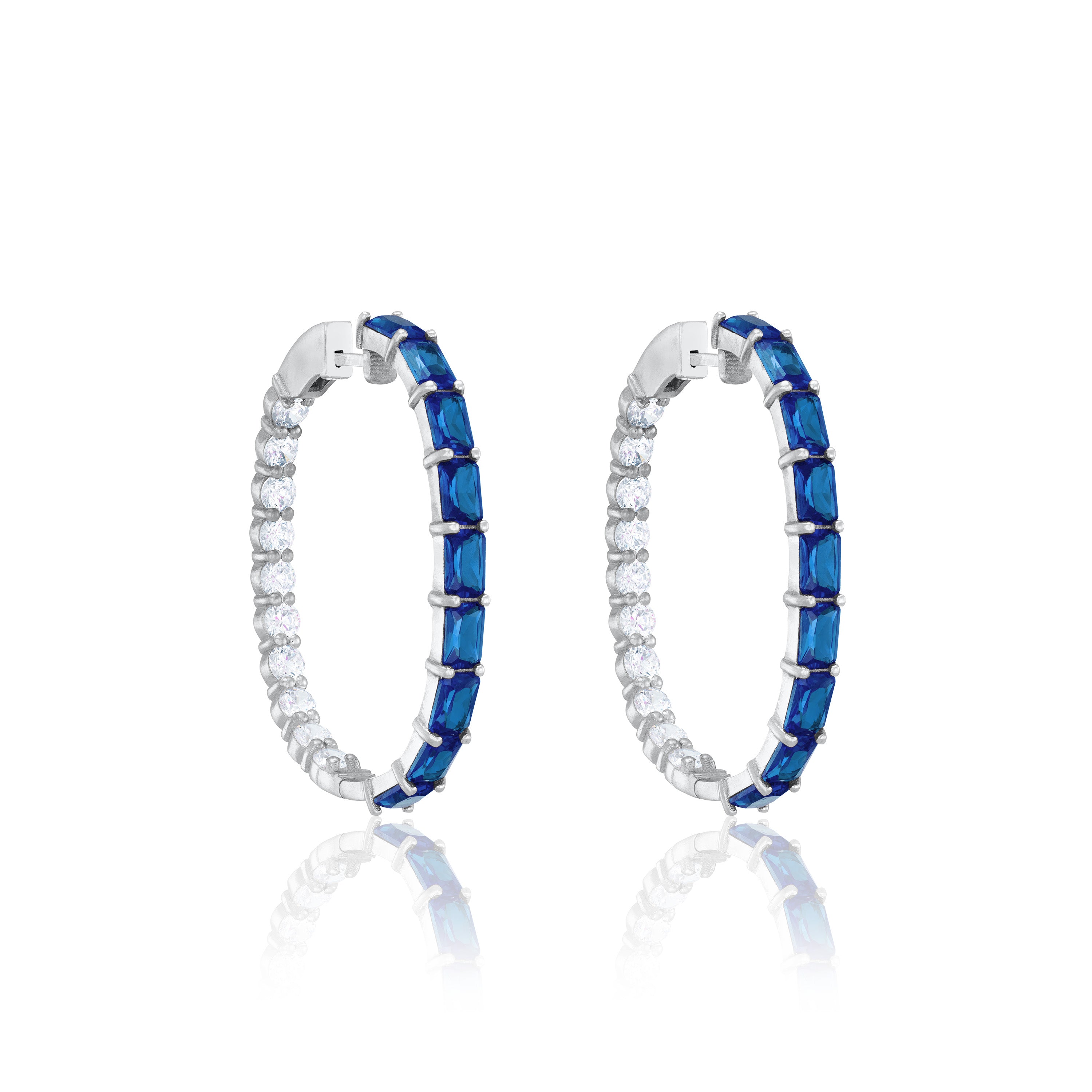 Emerald Cut And Round CZ Inside Out Hoop Earrings - Silver Navy Blue And White