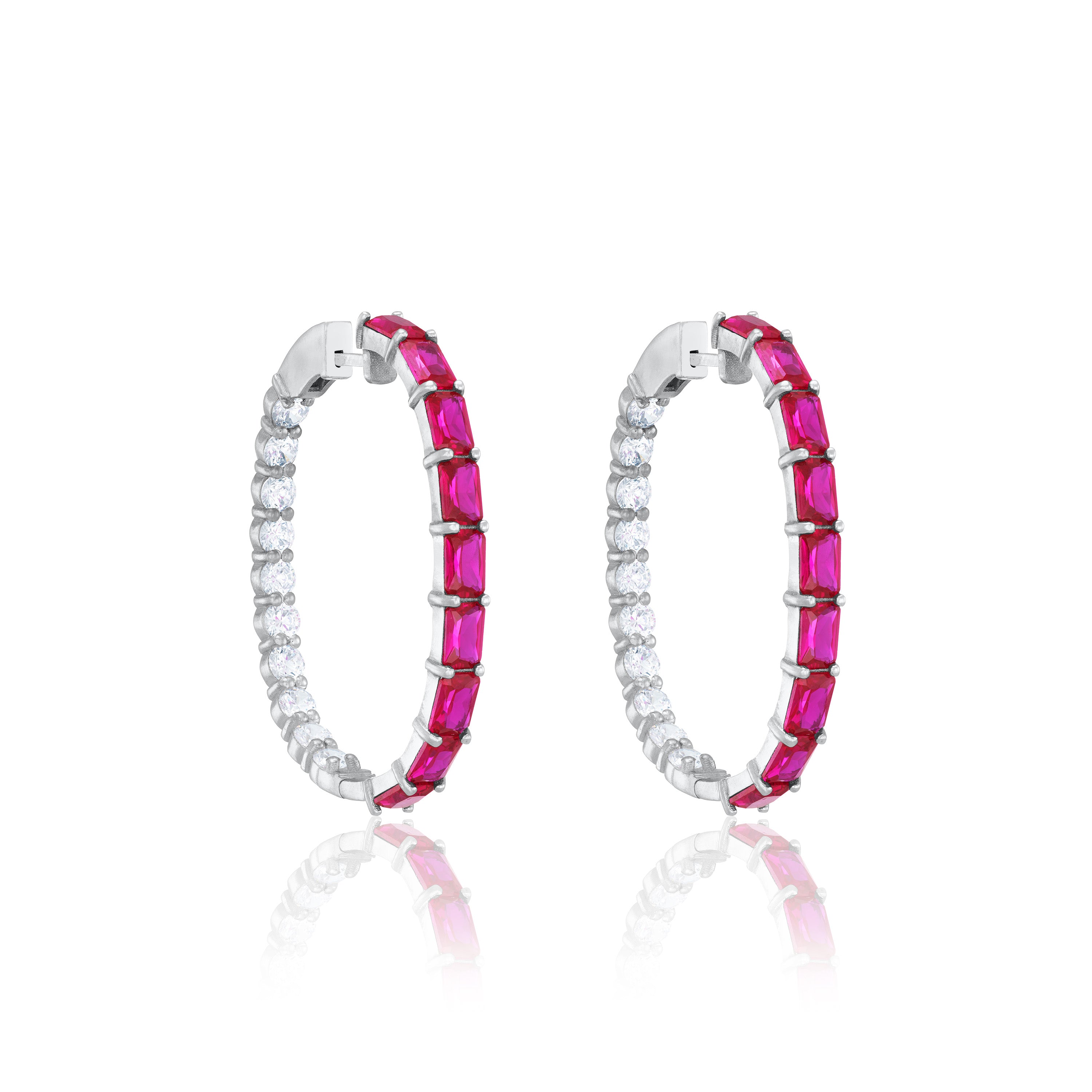 Emerald Cut And Round CZ Inside Out Hoop Earrings - Silver Ruby And White