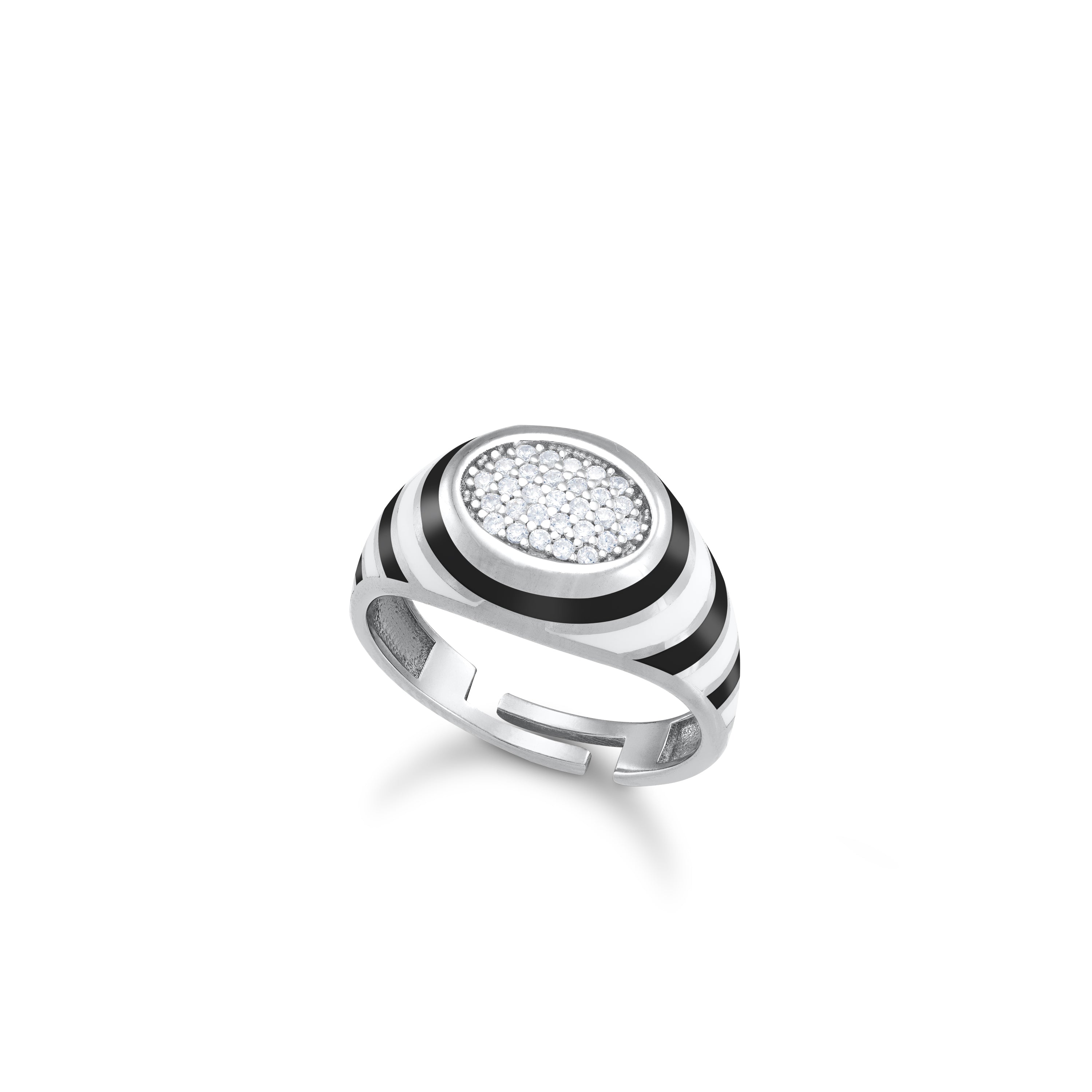 Enamel Round  Honeycomb Cubic Zirconia Ring - Silver Black And White