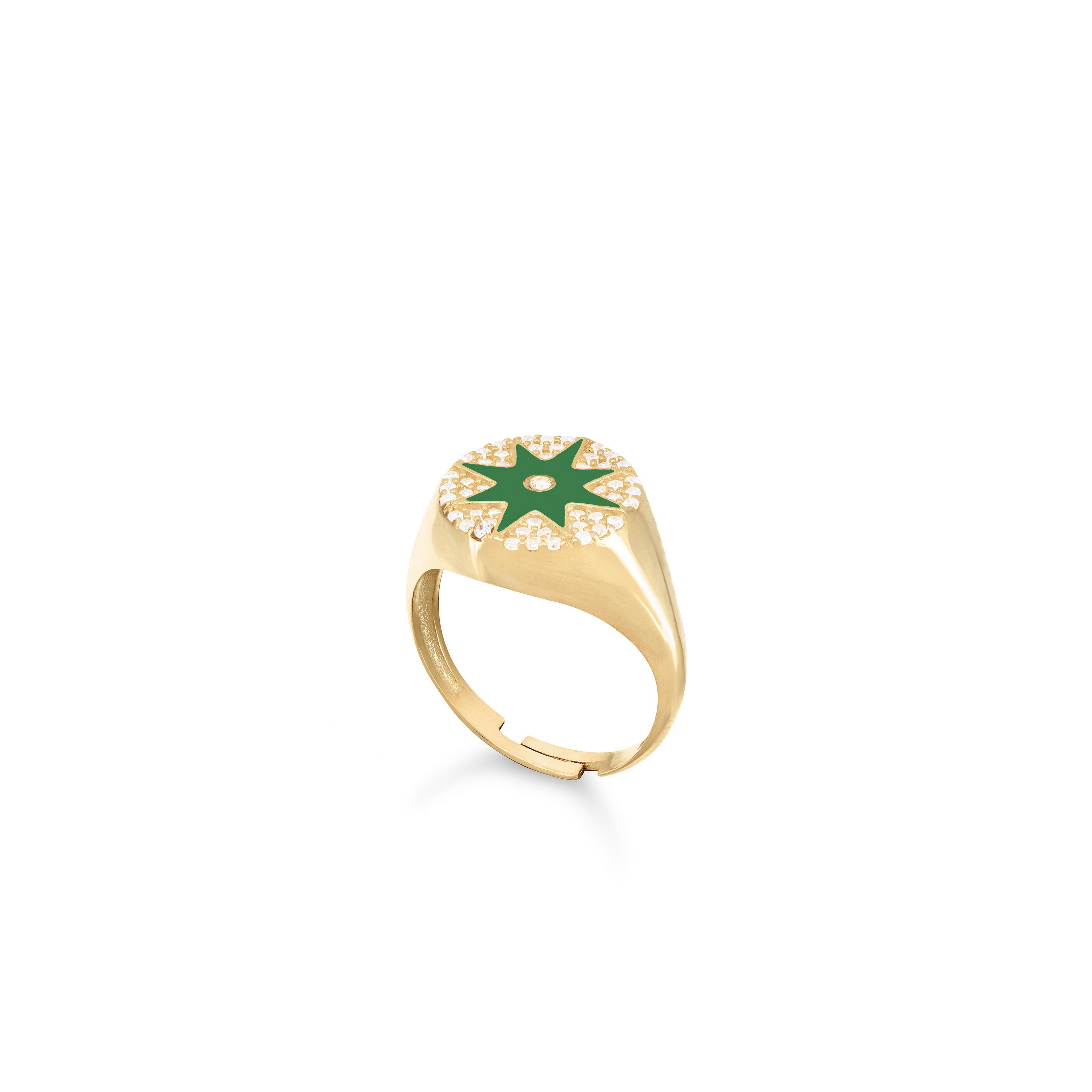 Enamel Starburst Cubic Zirconia Pinky Ring - Gold Dark Green