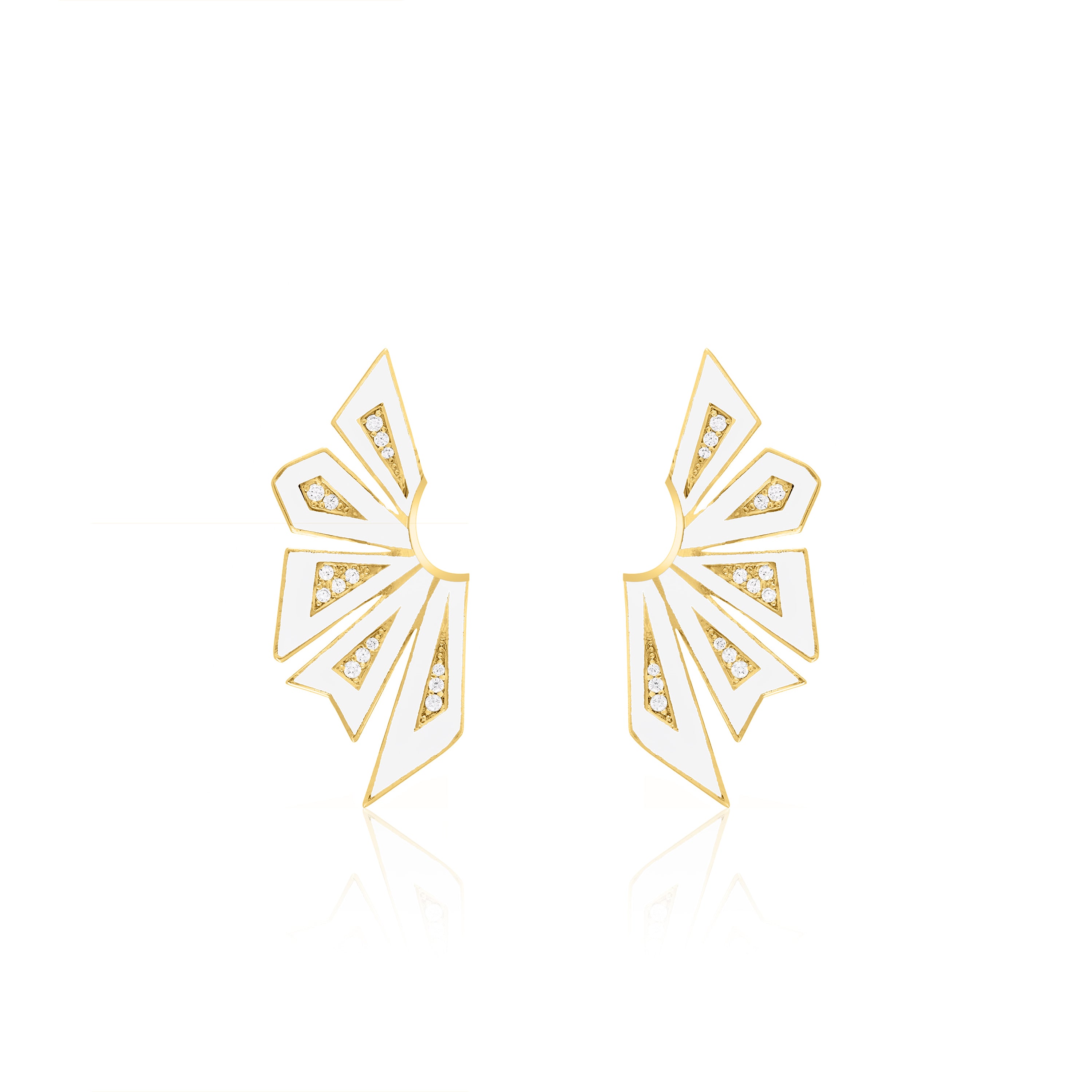 Enamel Half Flower Earrings - Gold White