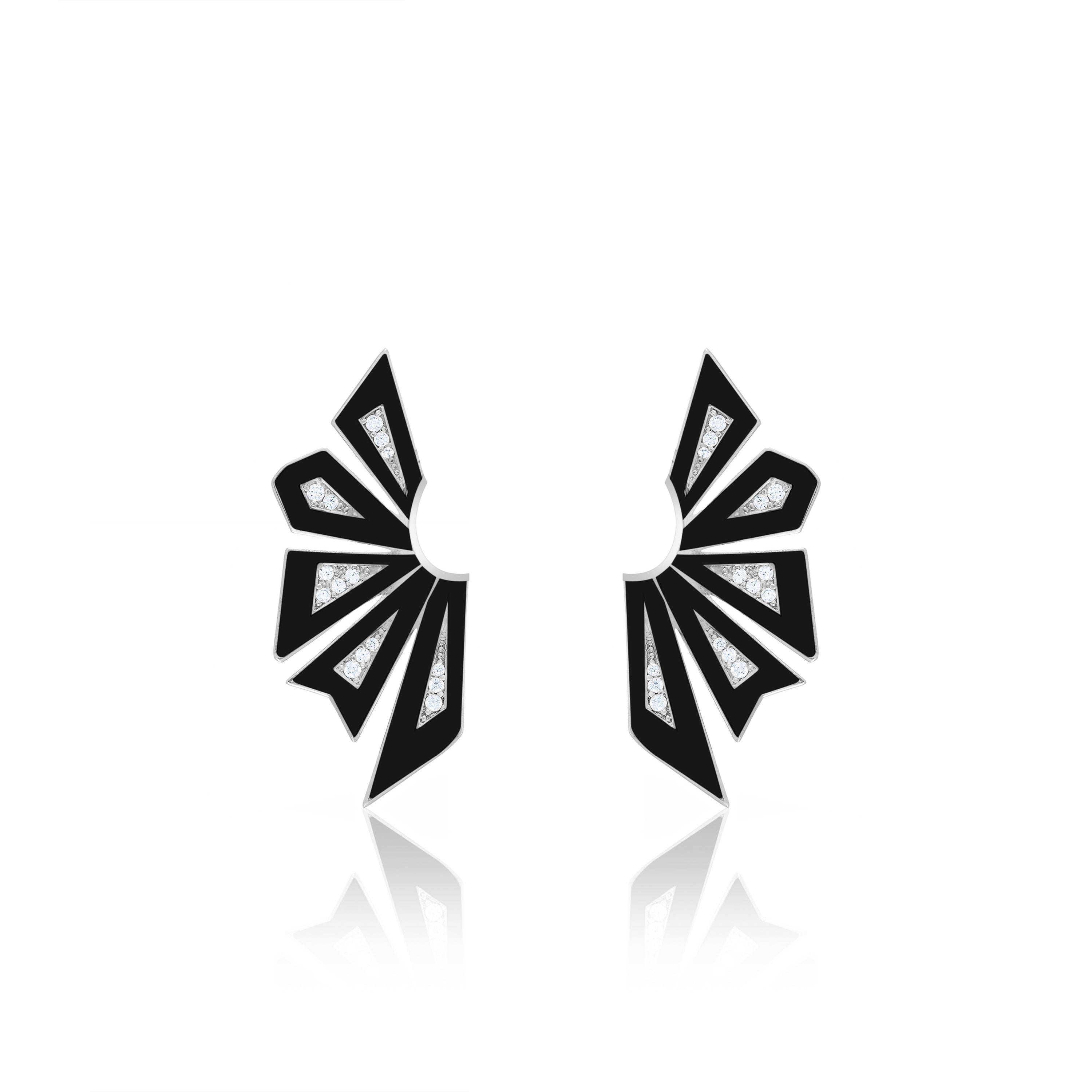 Enamel Half Flower Earrings - Silver Black