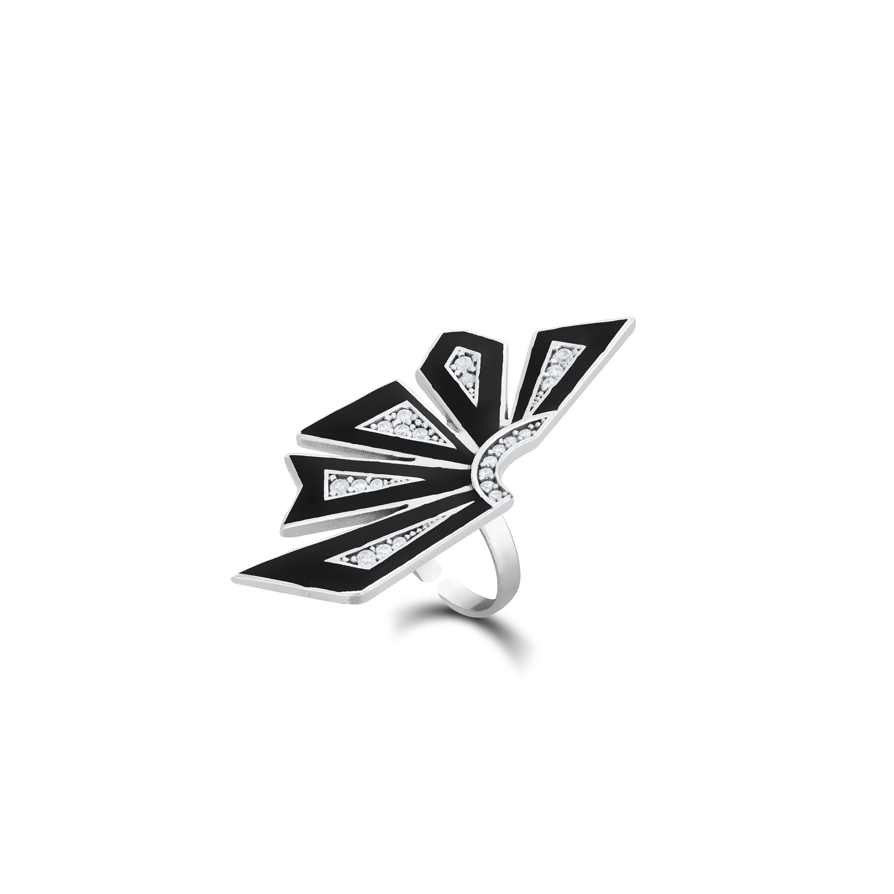 Enamel Half Flower With Side Cubic Zirconia Ring