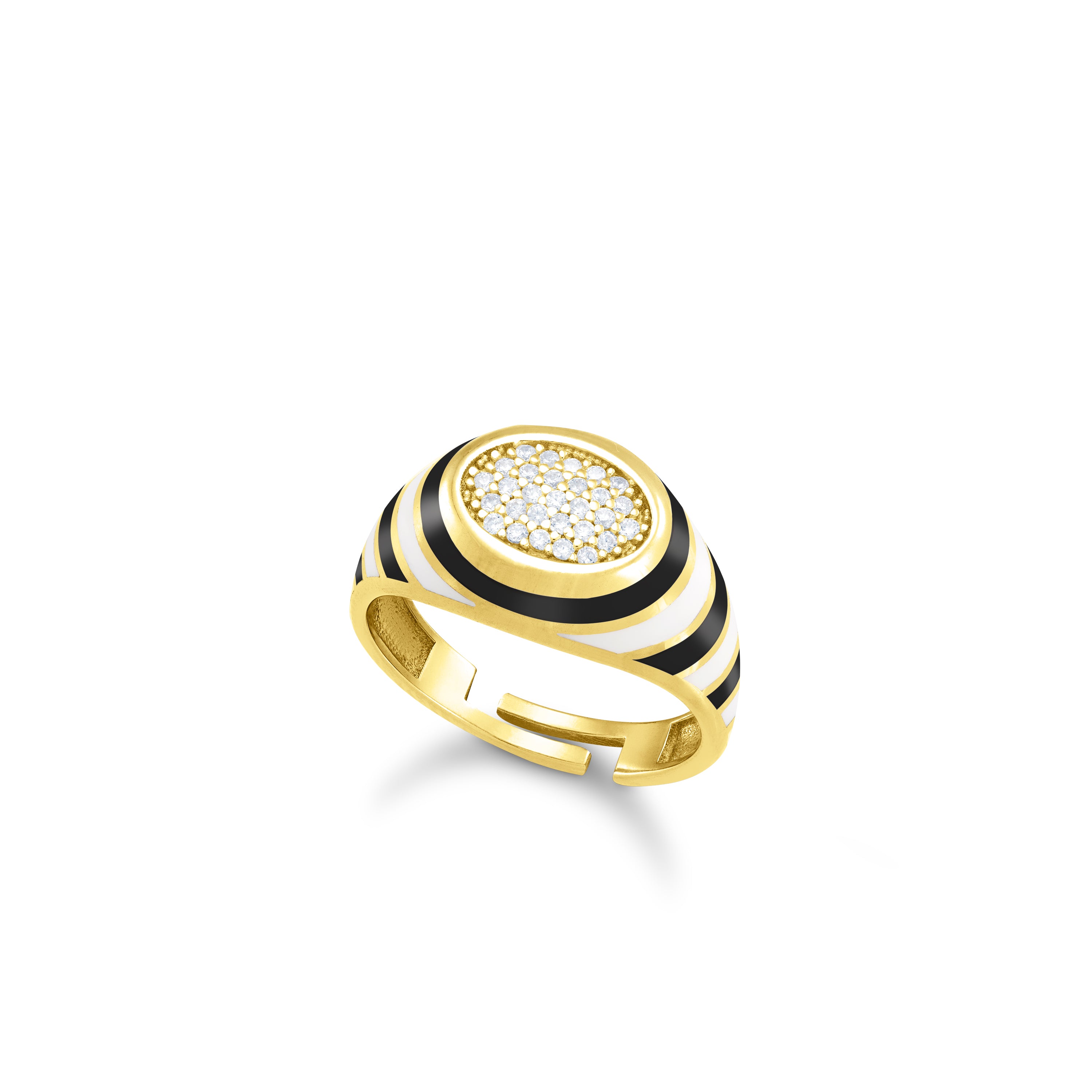 Enamel Round  Honeycomb Cubic Zirconia Ring - Gold Black And White