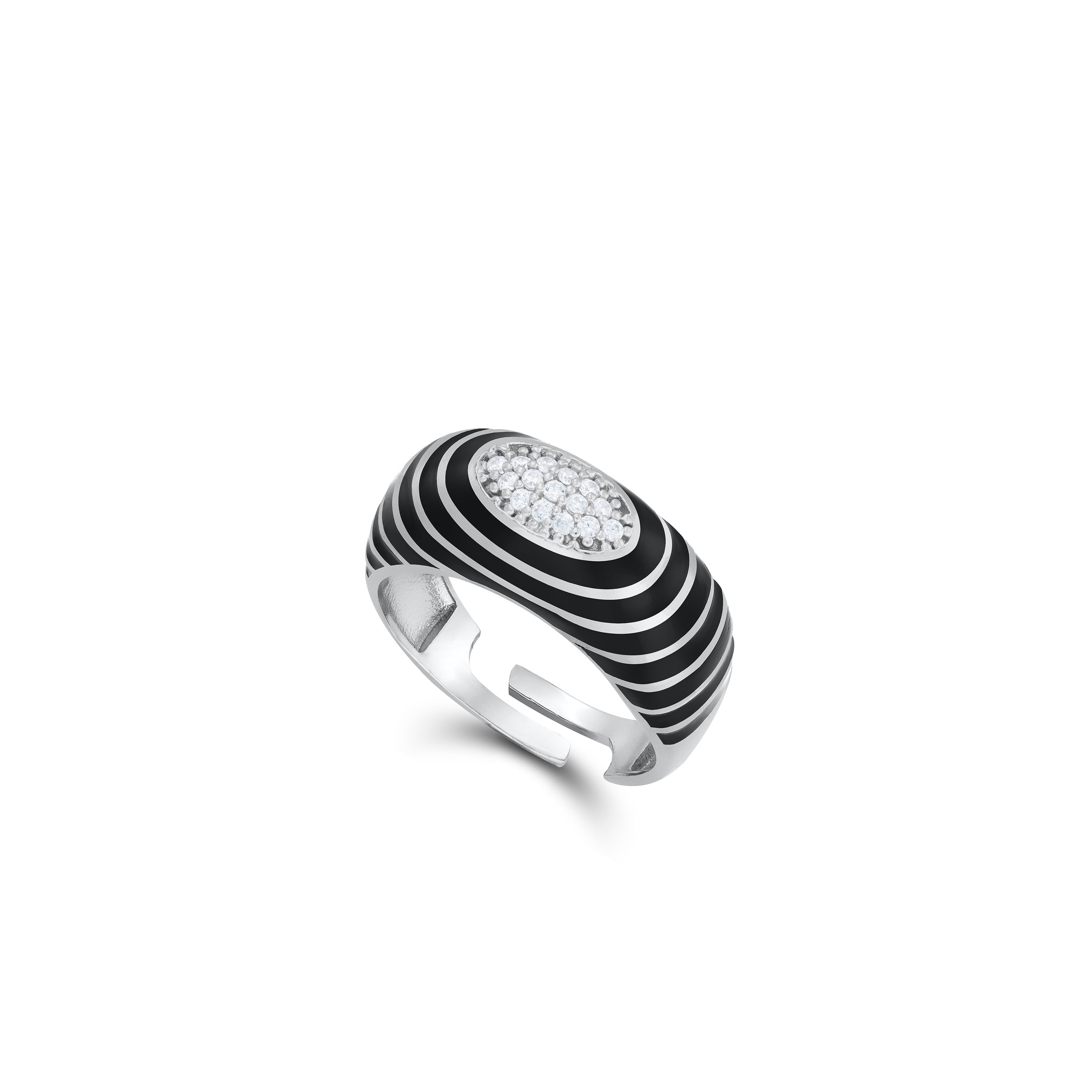 Enamel Round Honeycomb Cubic Zirconia Ring - Silver Black