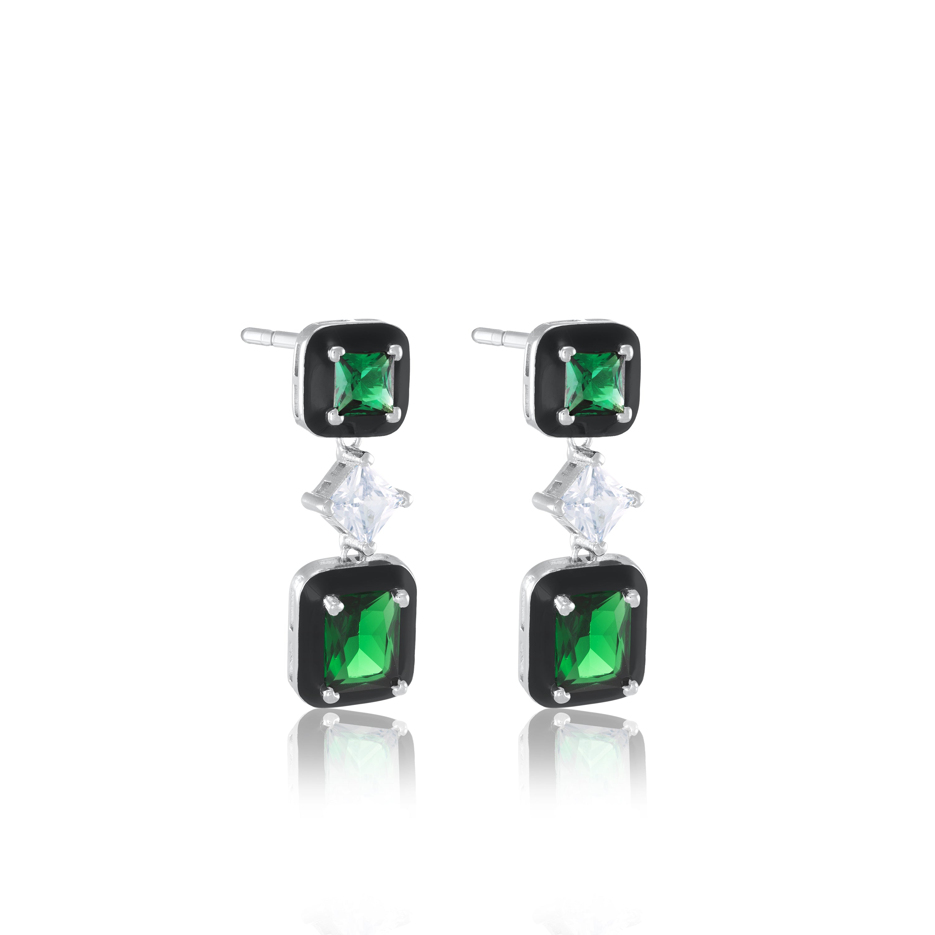 Cubic Zirconia Three Stone With Enamel Drop Earrings - Silver Green And White