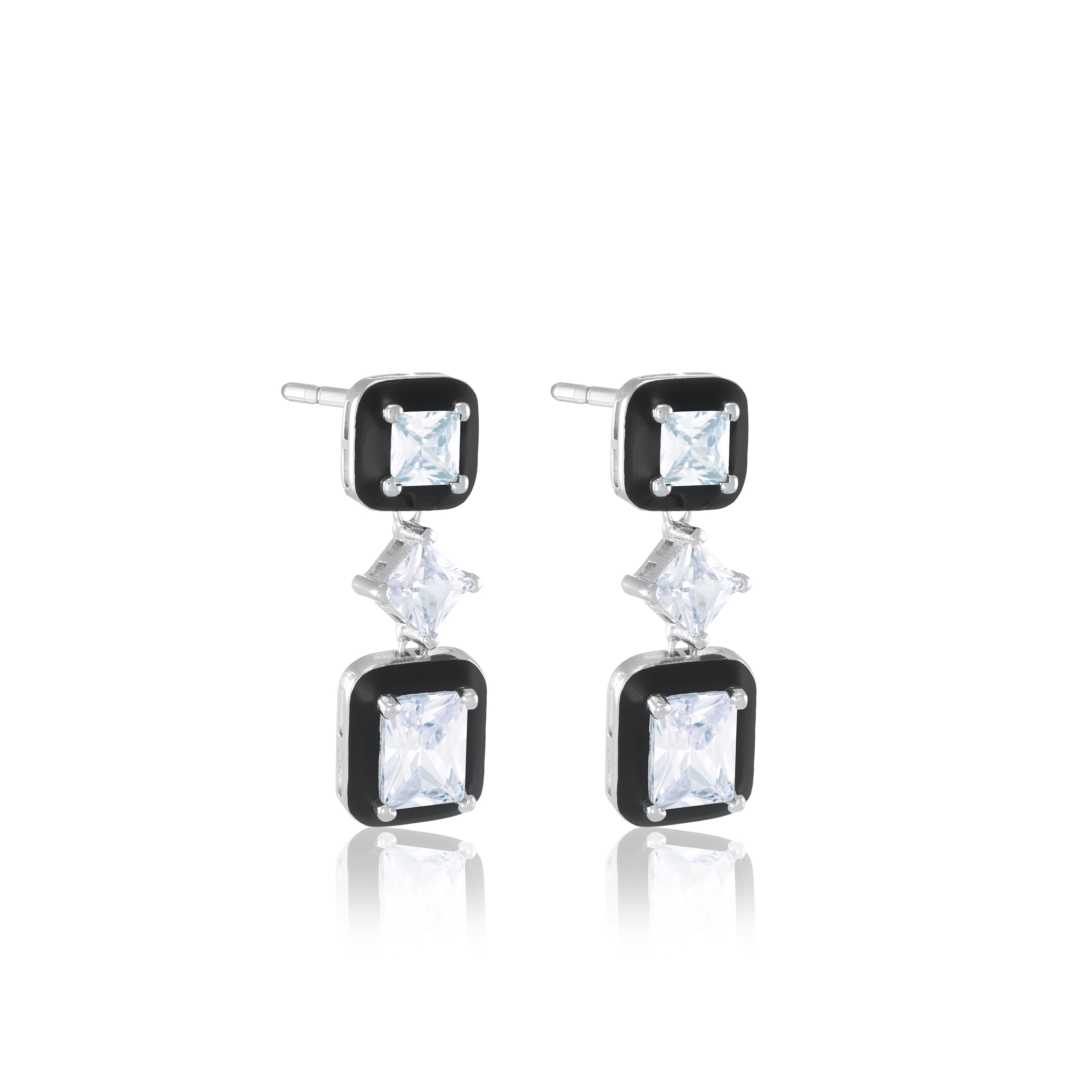 Cubic Zirconia Three Stone With Enamel Drop Earrings - Silver White