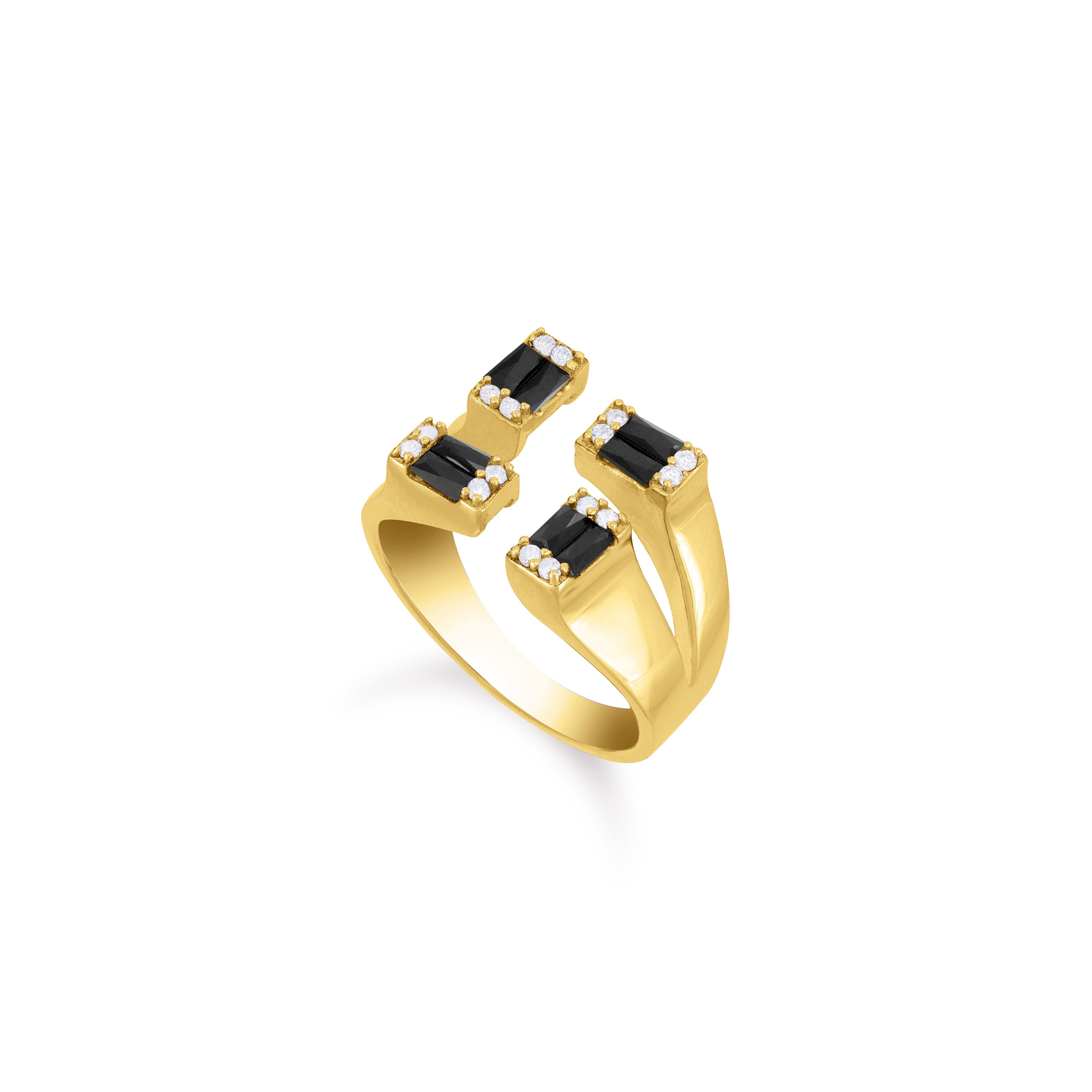 Four Baguette Stone Open Ring - Gold Black And White