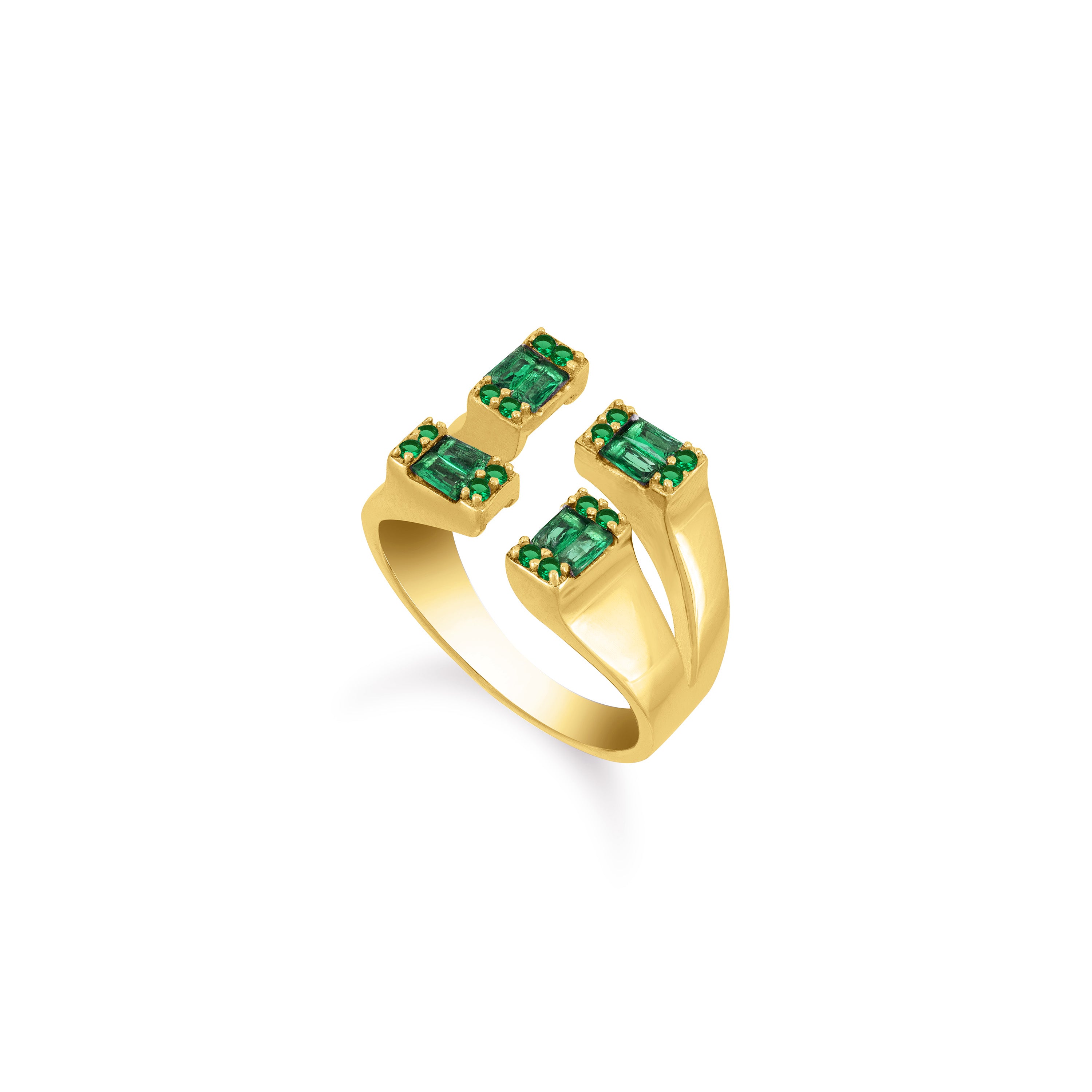 Four Baguette Stone Open Ring - Gold Green