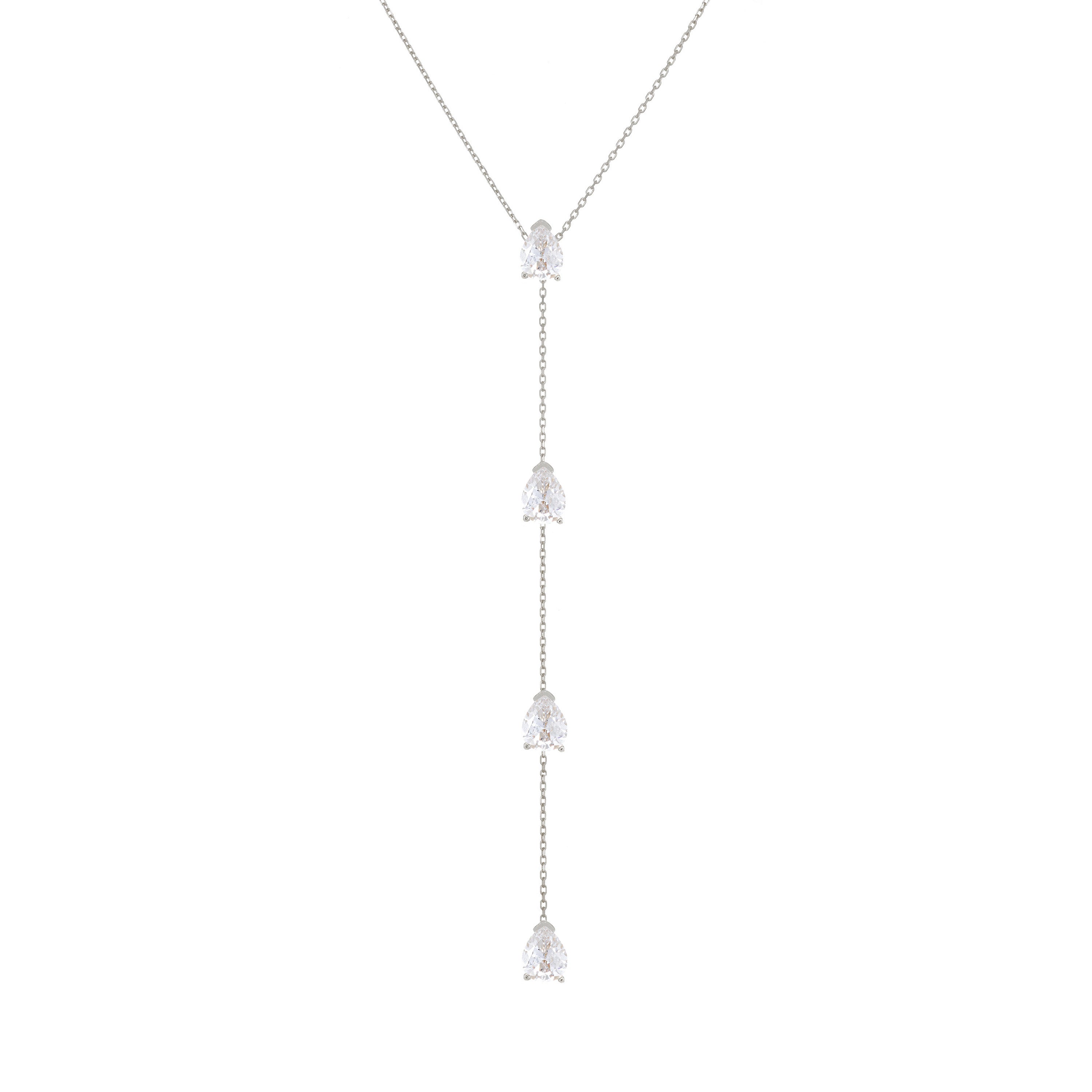 Four Teardrops Lariat Necklace - Silver White