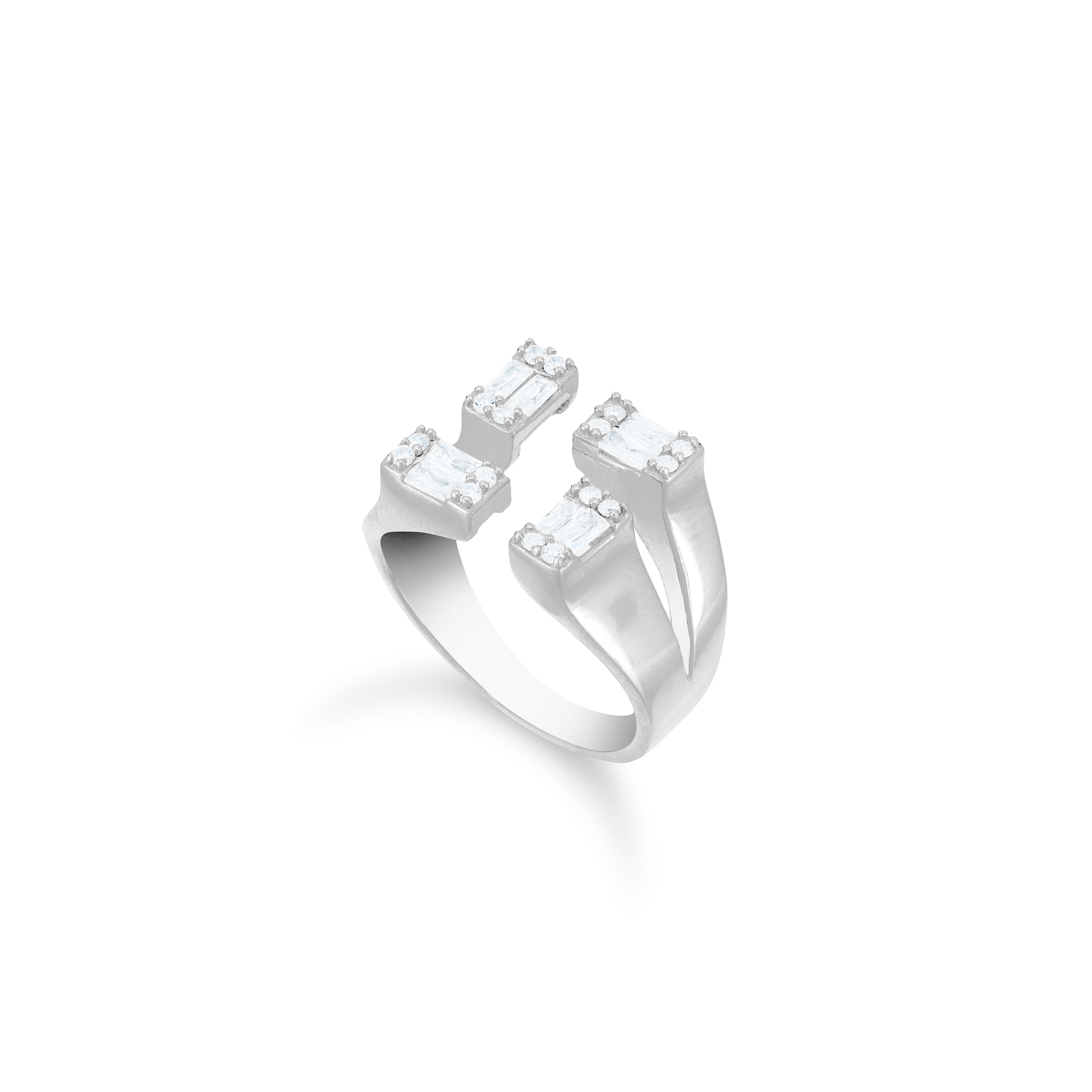 Four Baguette Stone Open Ring - Silver White