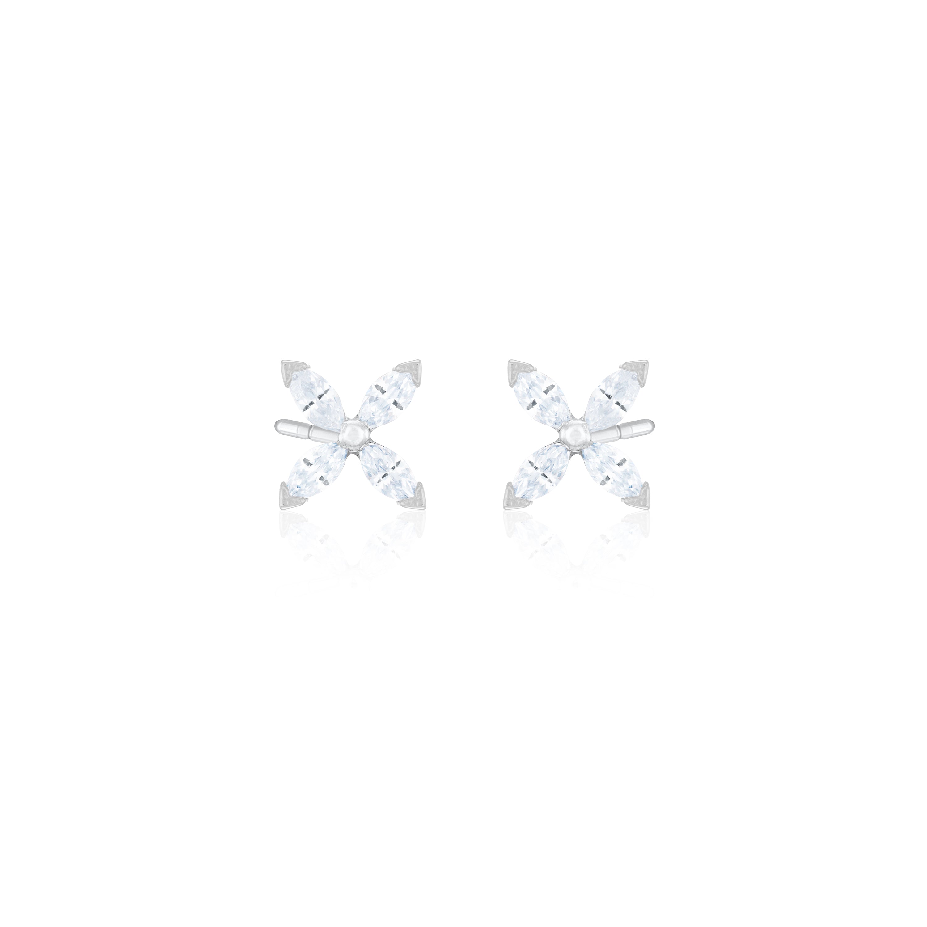 Four Marquise Flower Stud Earrings - Silver White