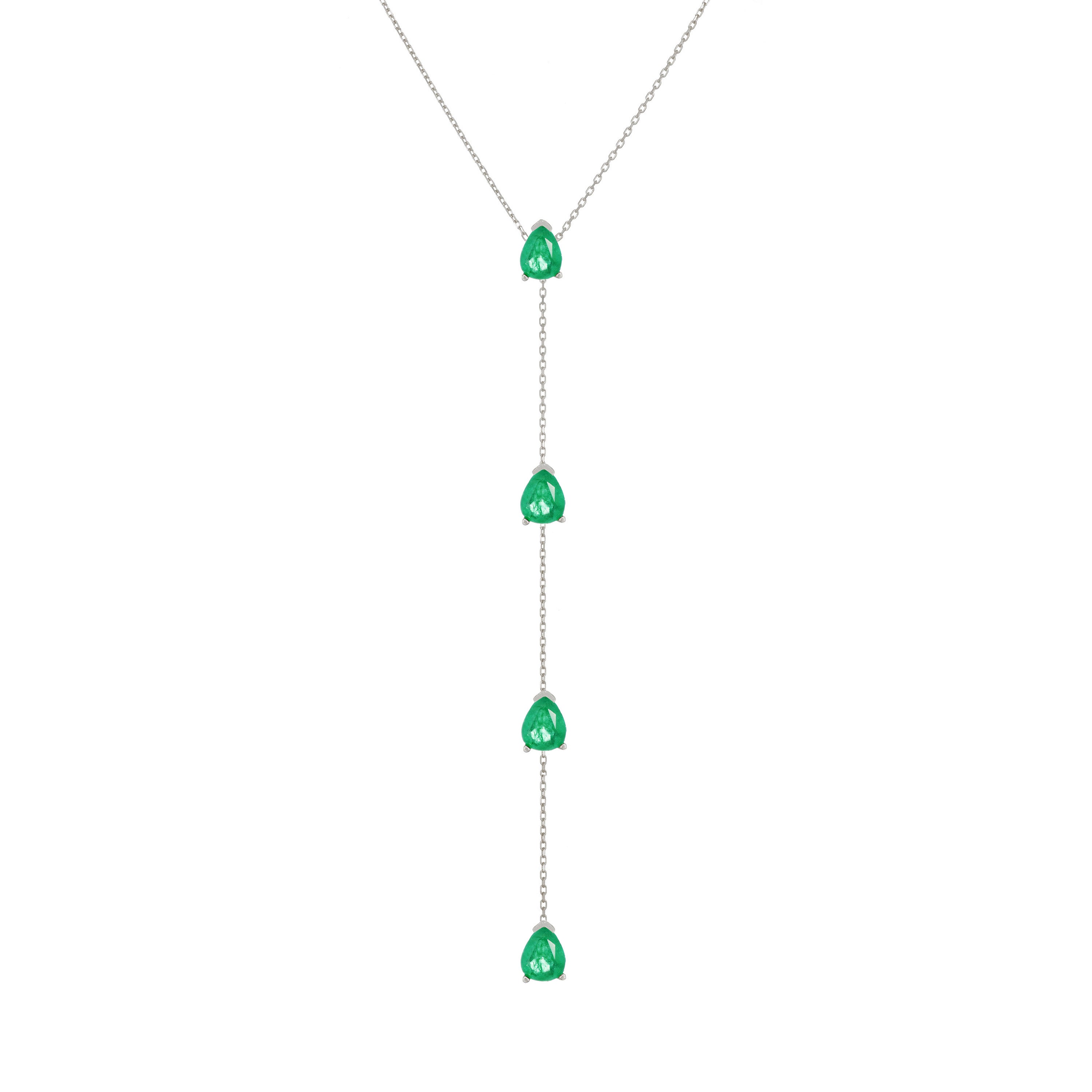 Four Teardrops Lariat Necklace - Silver Green Matt