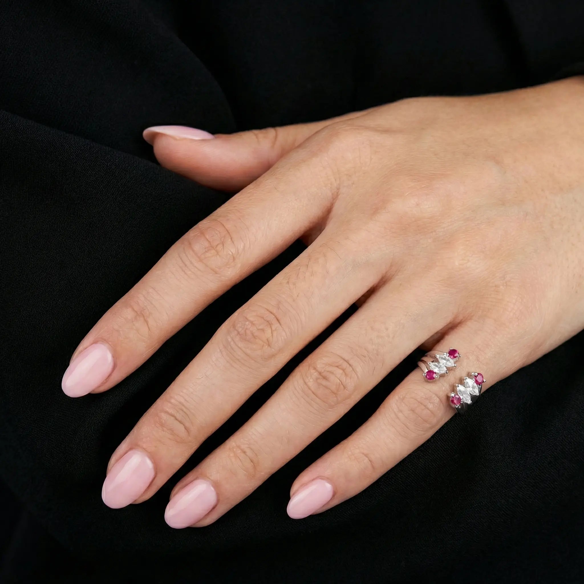 Marquise And Cubic Zirconia Open Band Pinky Ring - Silver Ruby And White