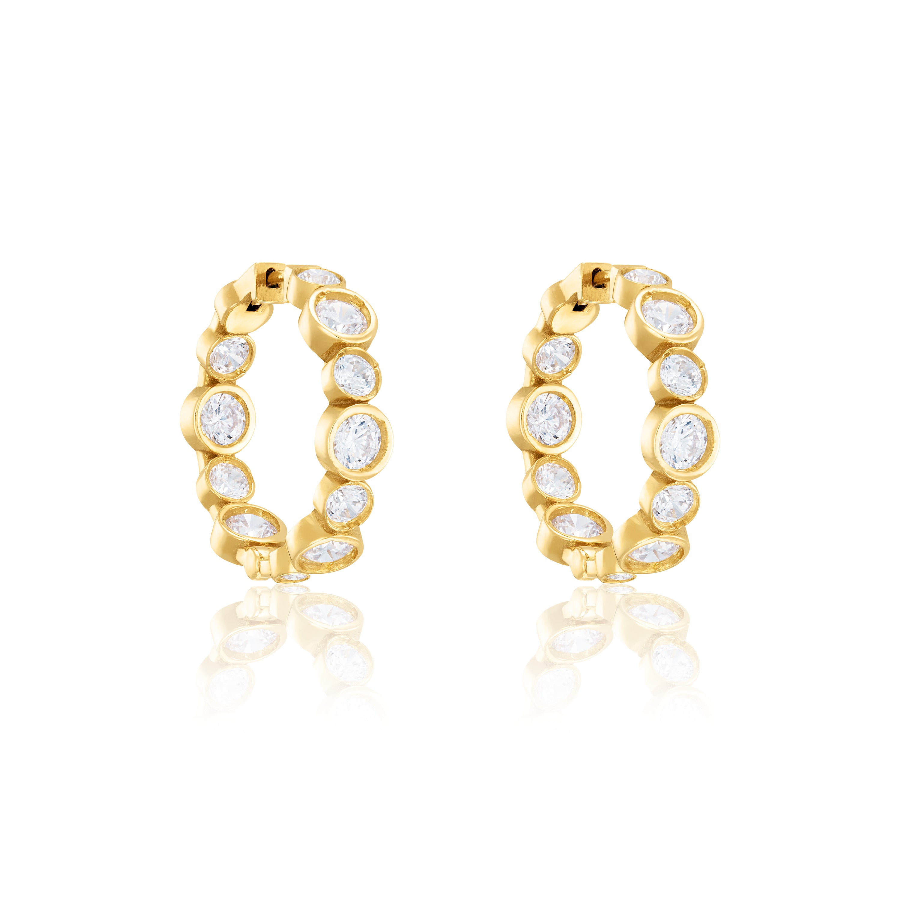 Graduated Round Bezel Cz Hoops Earrings - Gold White - Small