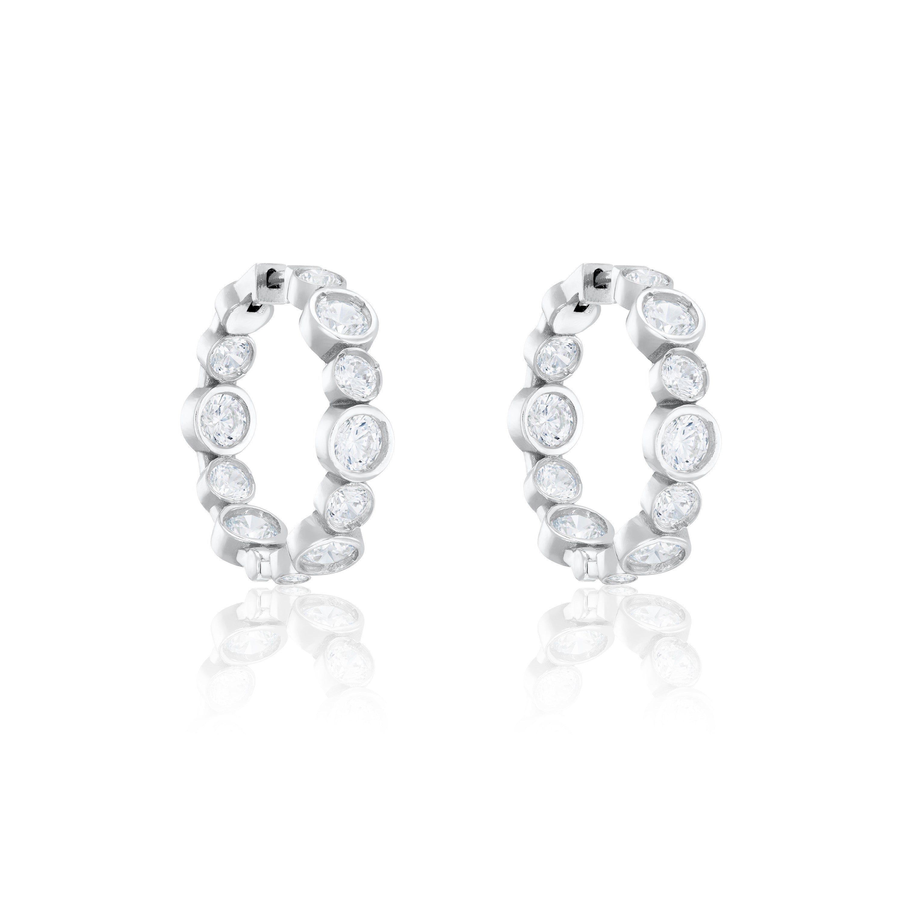 Graduated Round Bezel Cz Hoops Earrings - Silver White - Small