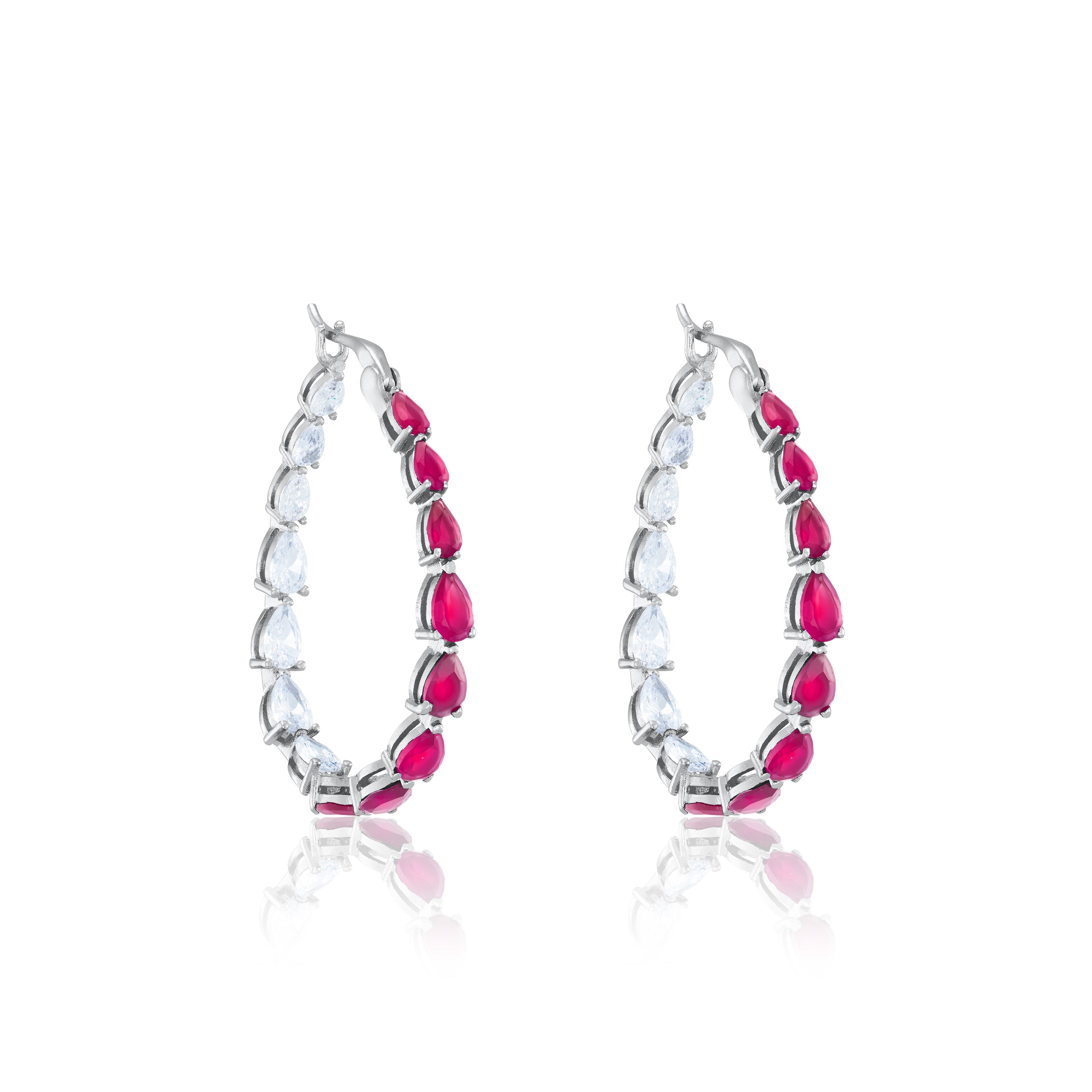 Graduated Teardrop Inside-Out Hoop Earrings - Silver Half Ruby Half White
