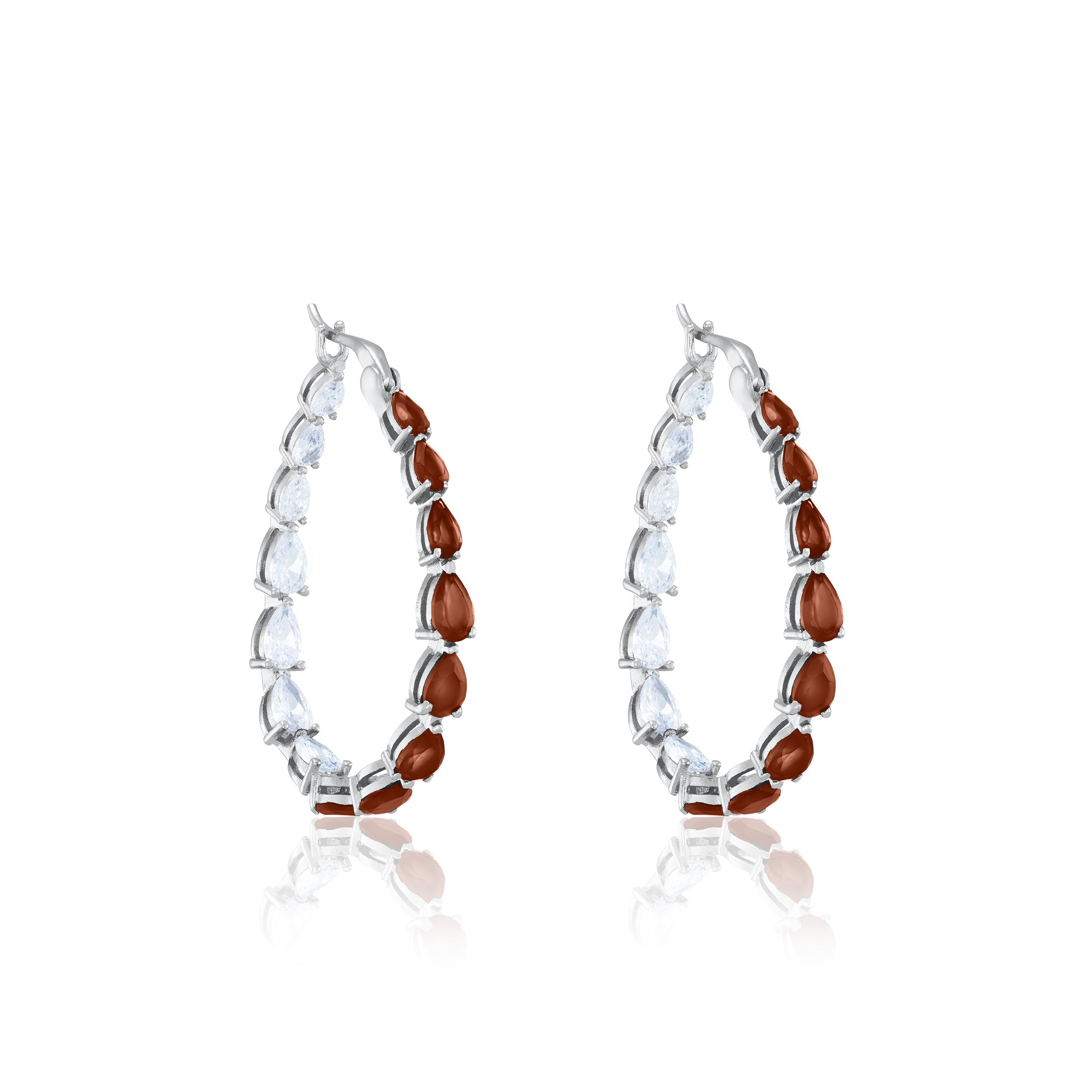 Graduated Teardrop Inside-Out Hoop Earrings - Silver Half White Half Brown