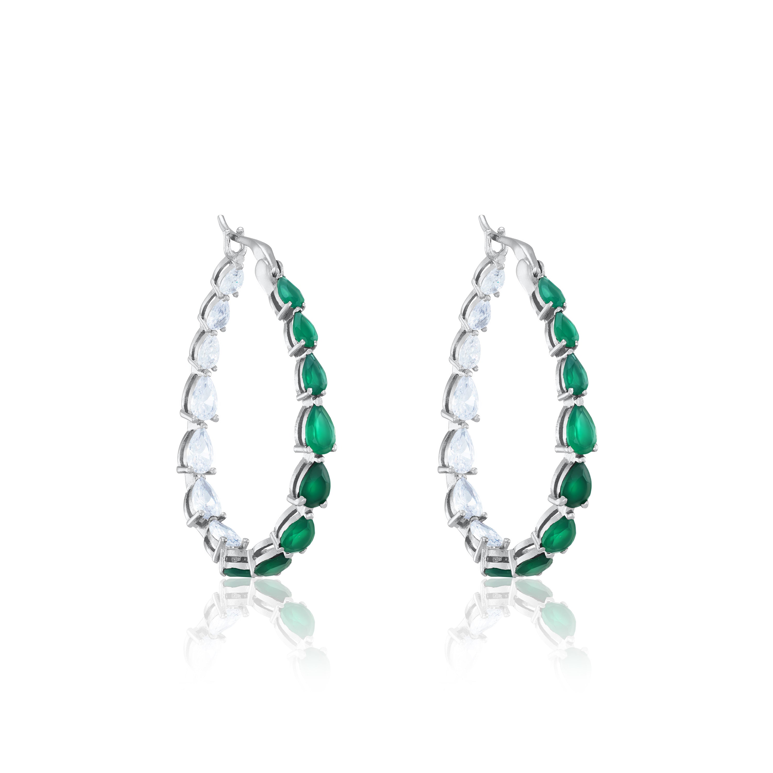 Graduated Teardrop Inside-Out Hoop Earrings - Silver Half White Half Green Matt