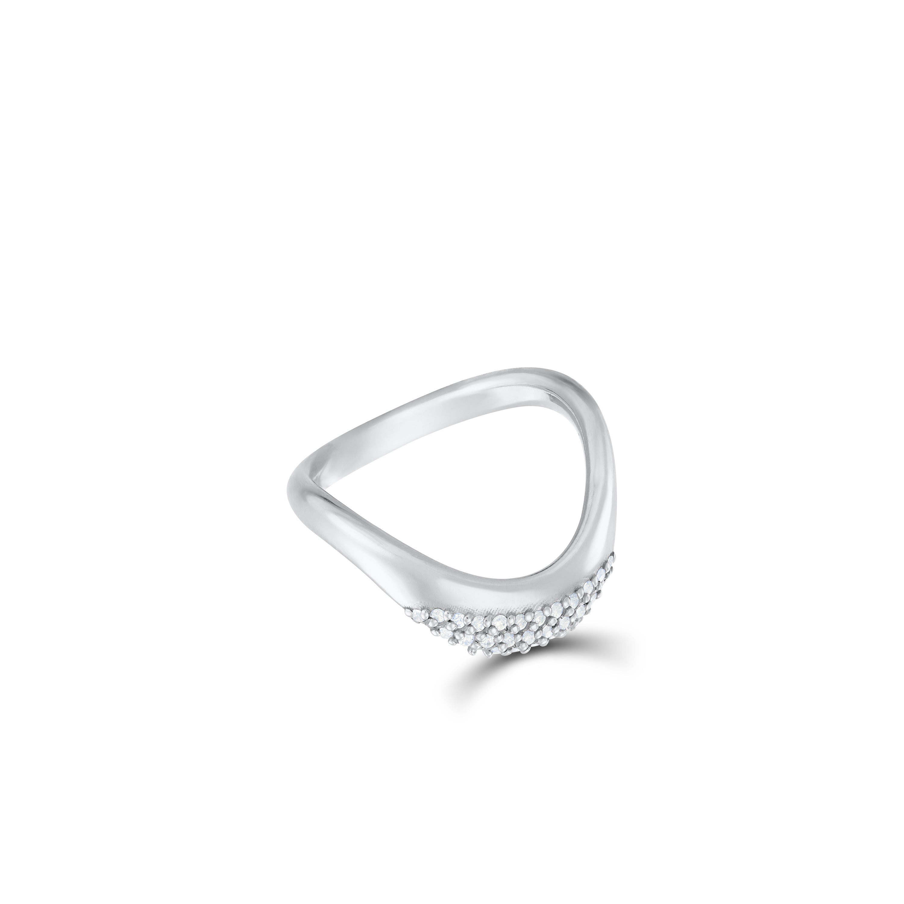 Half Pave Cz Wave Band Ring - Silver White