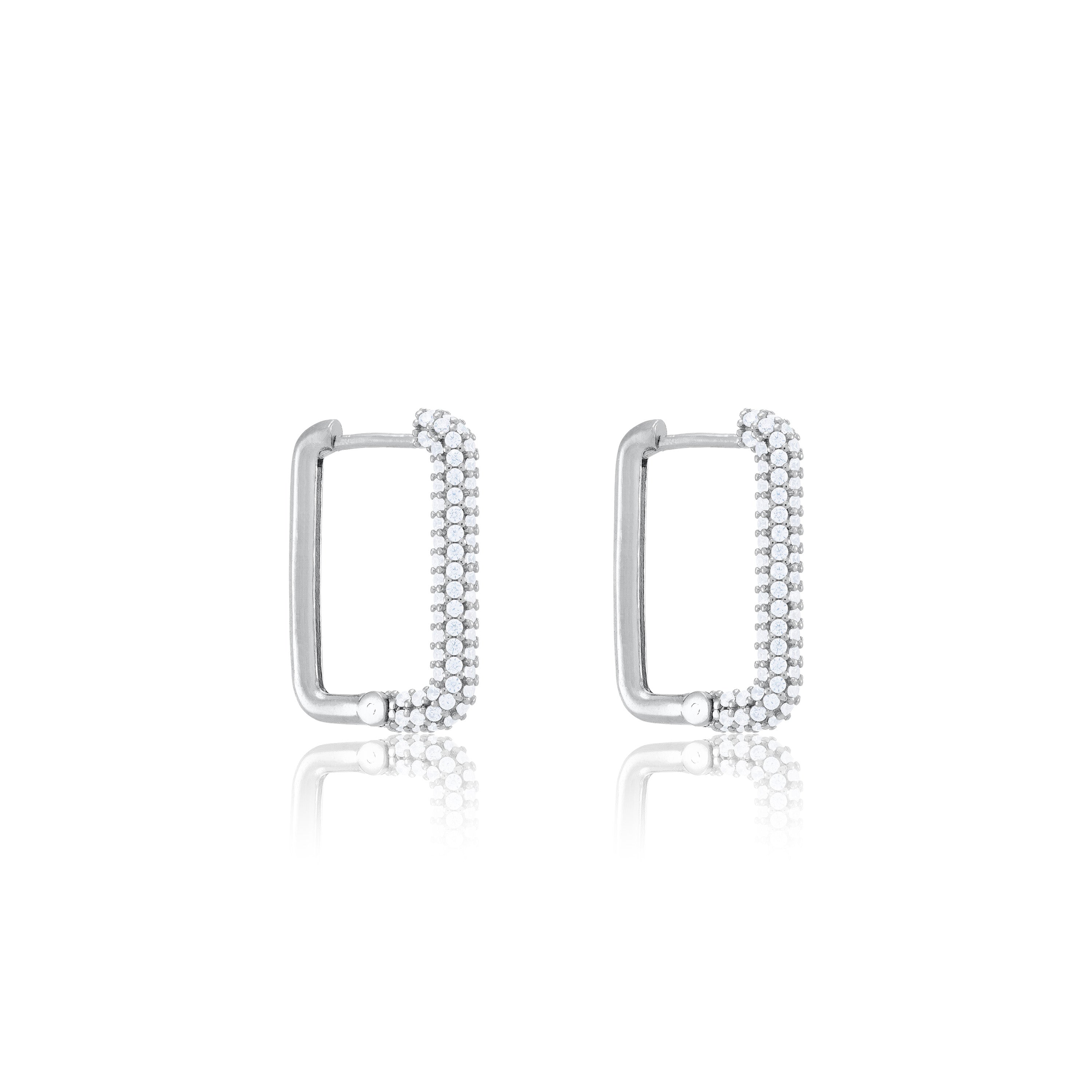 Half Pave Rectangular Hoop Earrings - Silver White - Full Pave