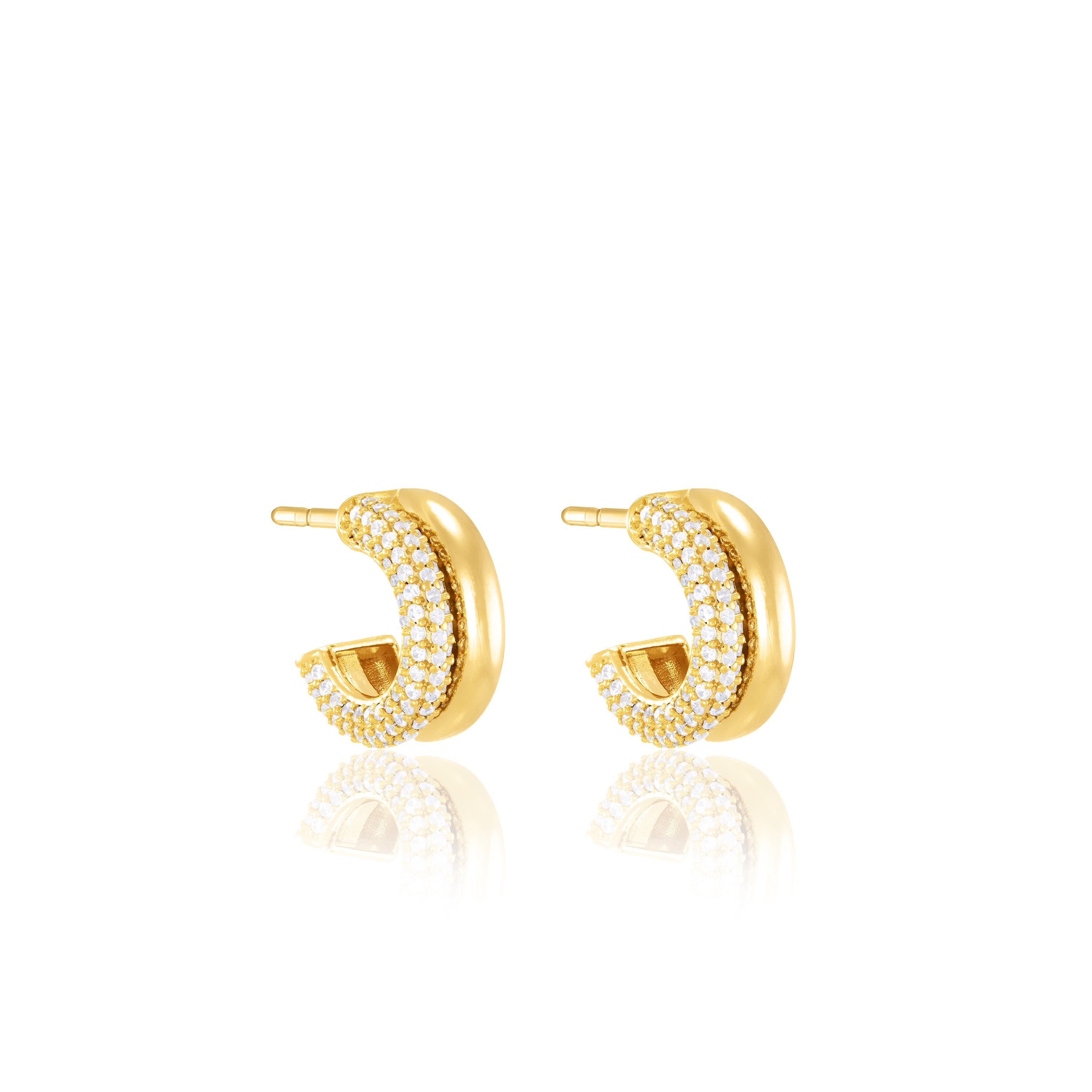 Half Plain Half Pave Semi Hoop Earrings - Gold White - Small