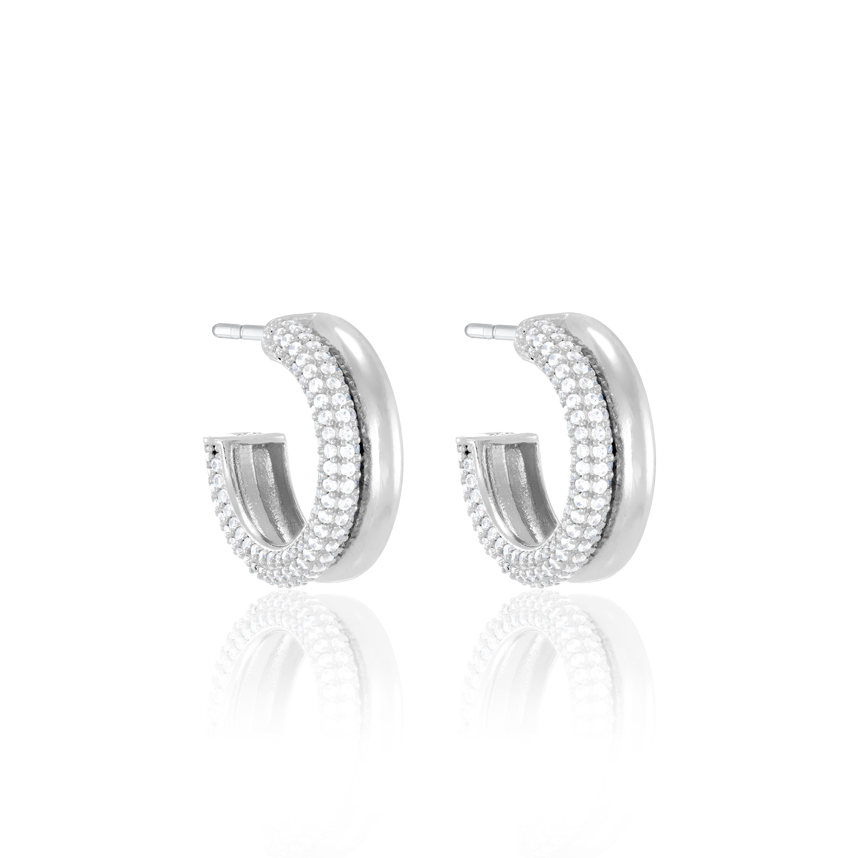 Half Plain Half Pave Semi Hoop Earrings - Silver White - Big